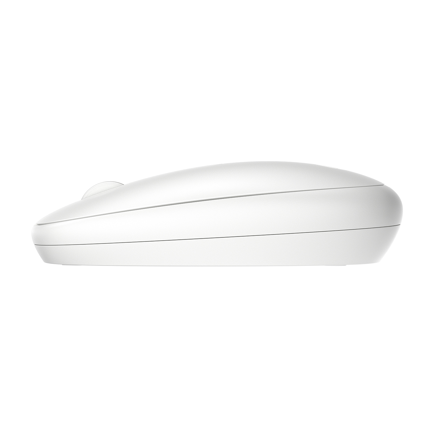 Un mouse per computer bianco con un design semplice ed ergonomico, visto lateralmente.