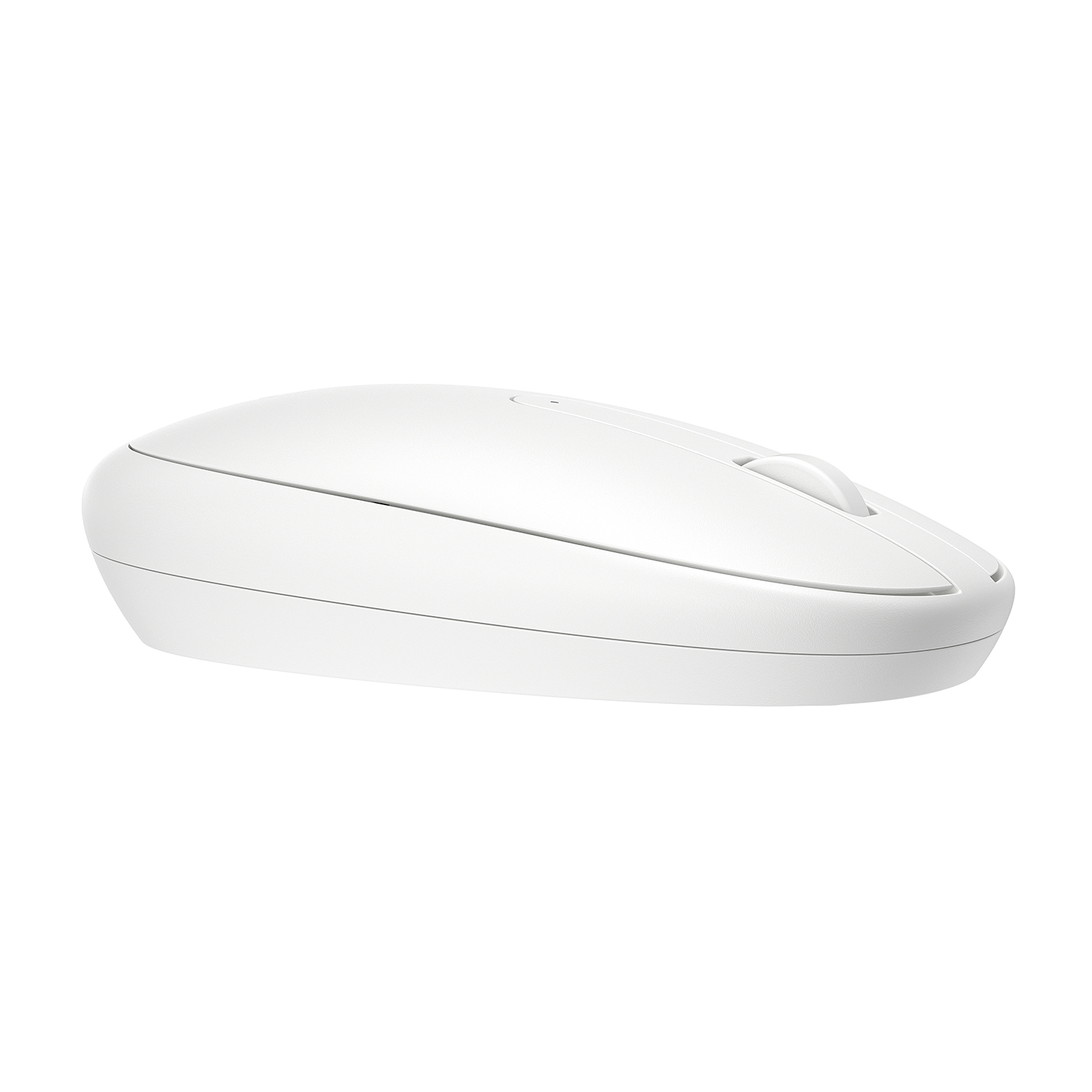 Un mouse per computer bianco su sfondo bianco. Il mouse ha una rotella e dei pulsanti.
