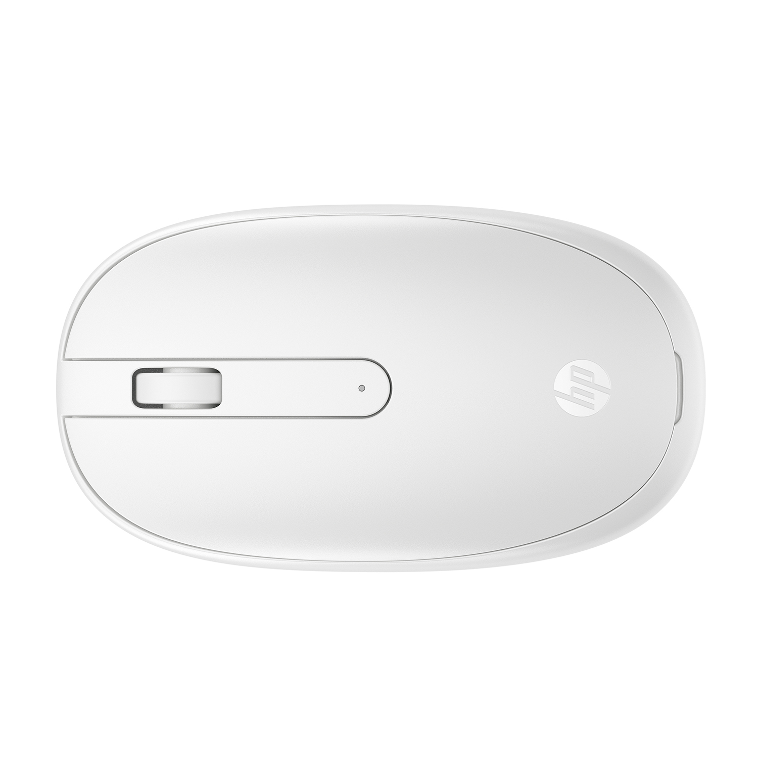 Vista dall'alto di un mouse HP bianco su sfondo bianco, design minimalista.