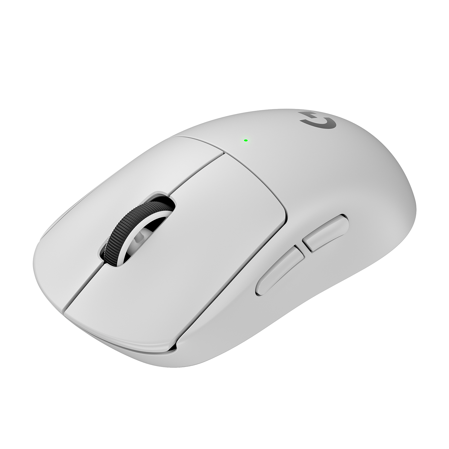 Mouse per computer wireless bianco con rotella di scorrimento e due pulsanti laterali su una superficie bianca.