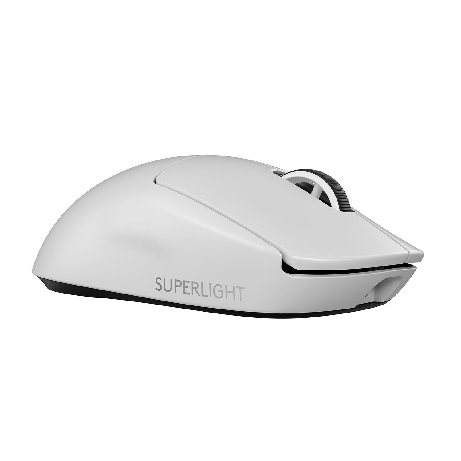 Mouse per computer bianco con rotella di scorrimento. La parola 'SUPERLIGHT' è stampata.