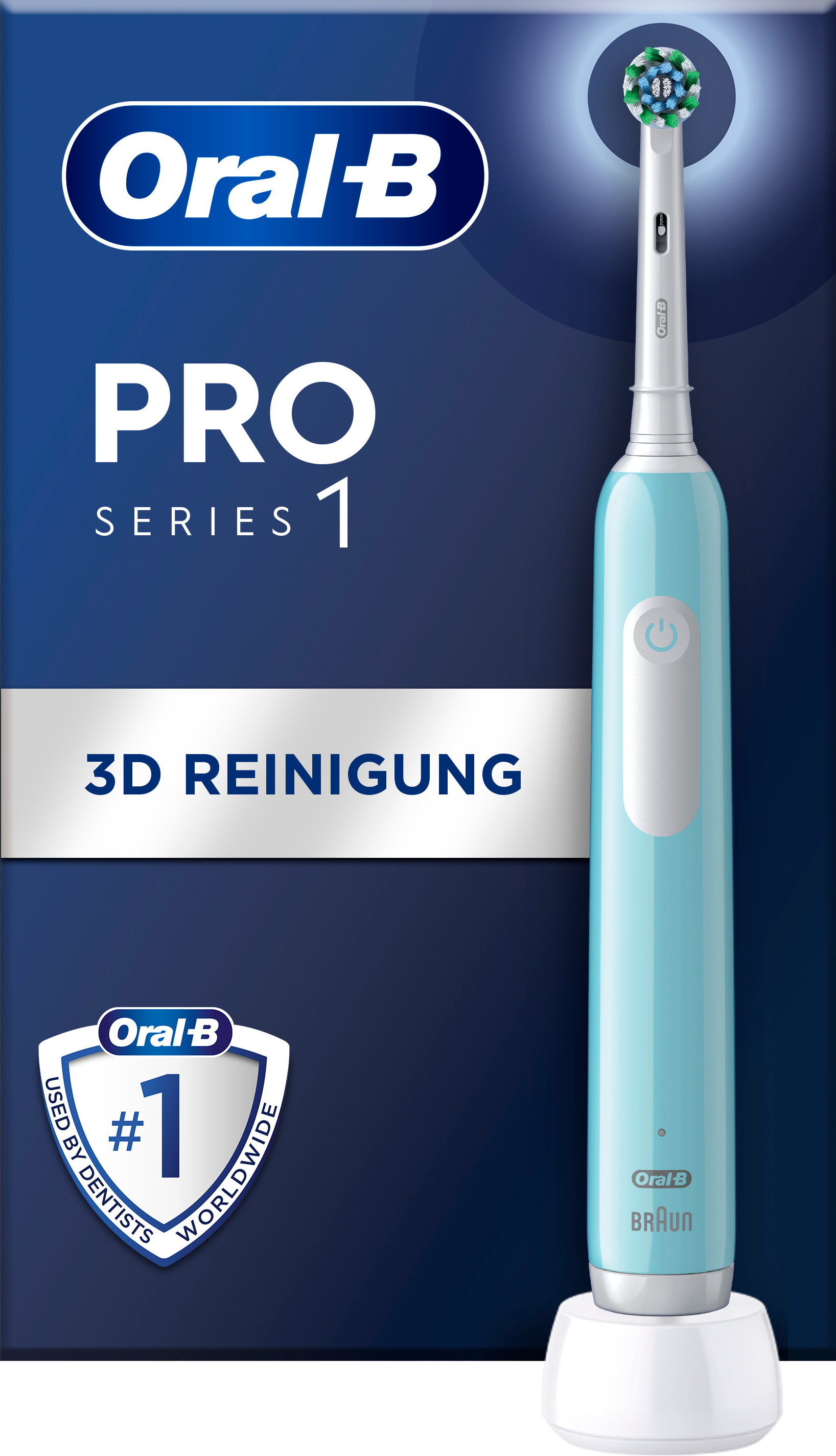 Spazzolino elettrico blu e bianco con testina e stazione di ricarica. Il marchio è Oral-B.