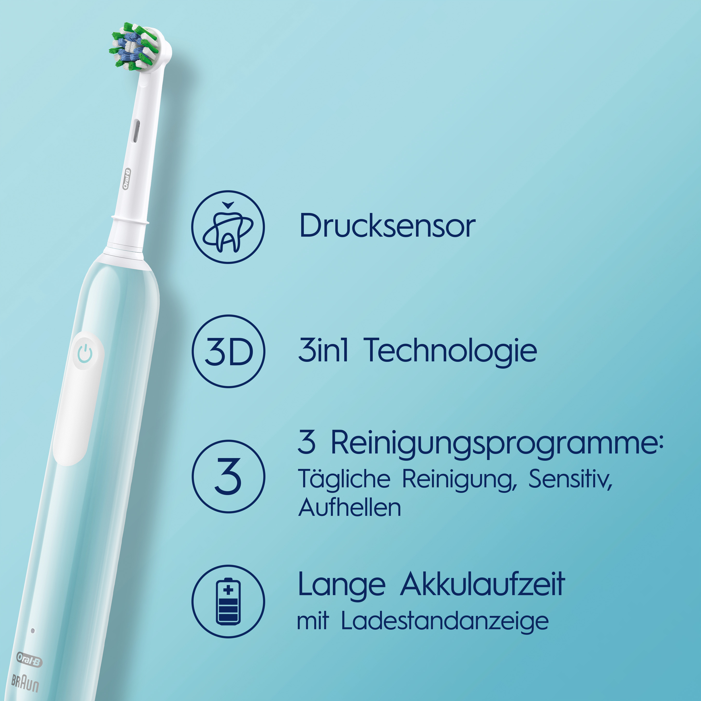 Spazzolino elettrico blu con testo che indica sensore di pressione, tecnologia 3D e programmi di pulizia.