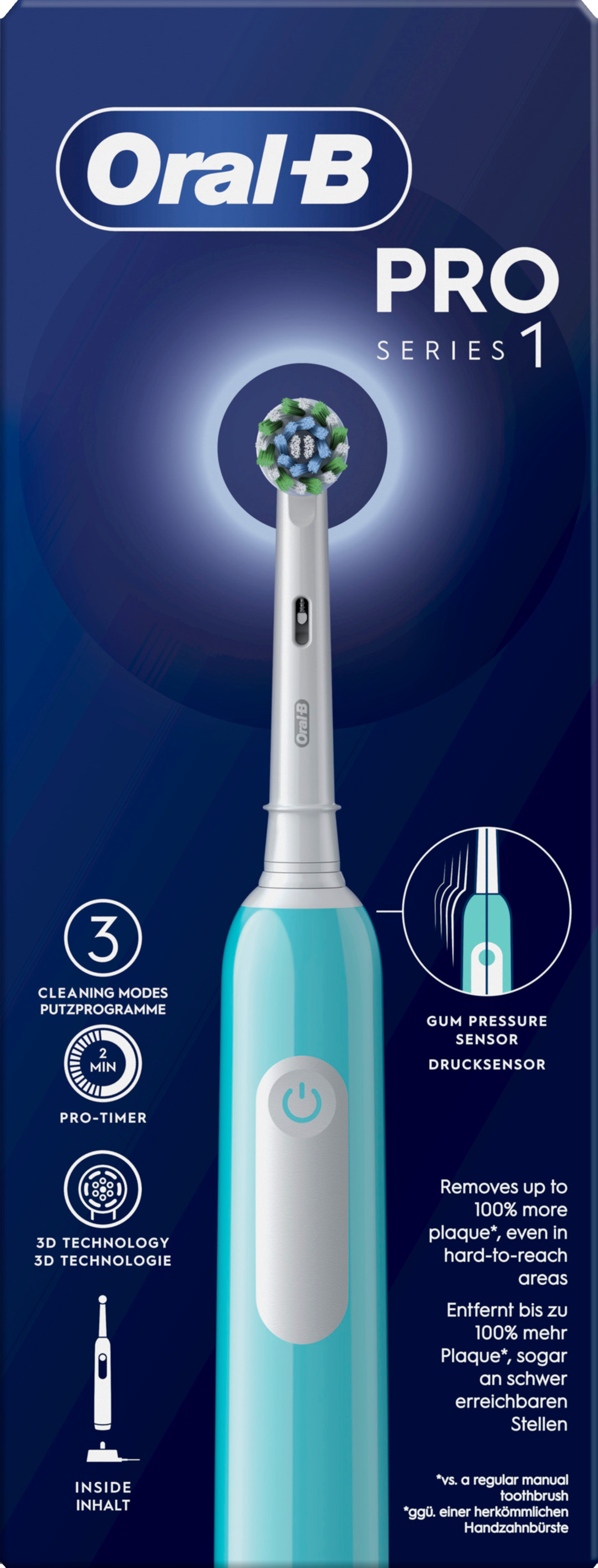 Uno spazzolino elettrico Oral-B Pro Series 1 turchese e bianco con testo.