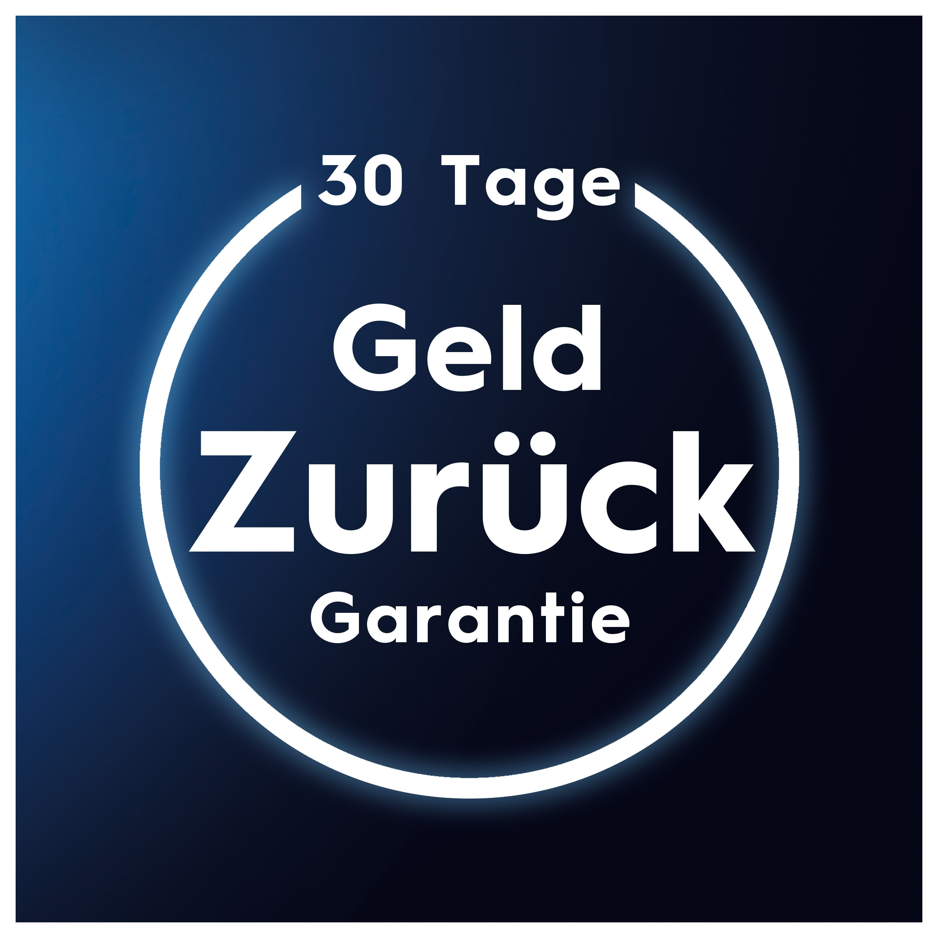 Cerchio bianco con testo: 30 Tage Geld Zurück Garantie. Sfondo sfumato blu scuro. Testo bianco.