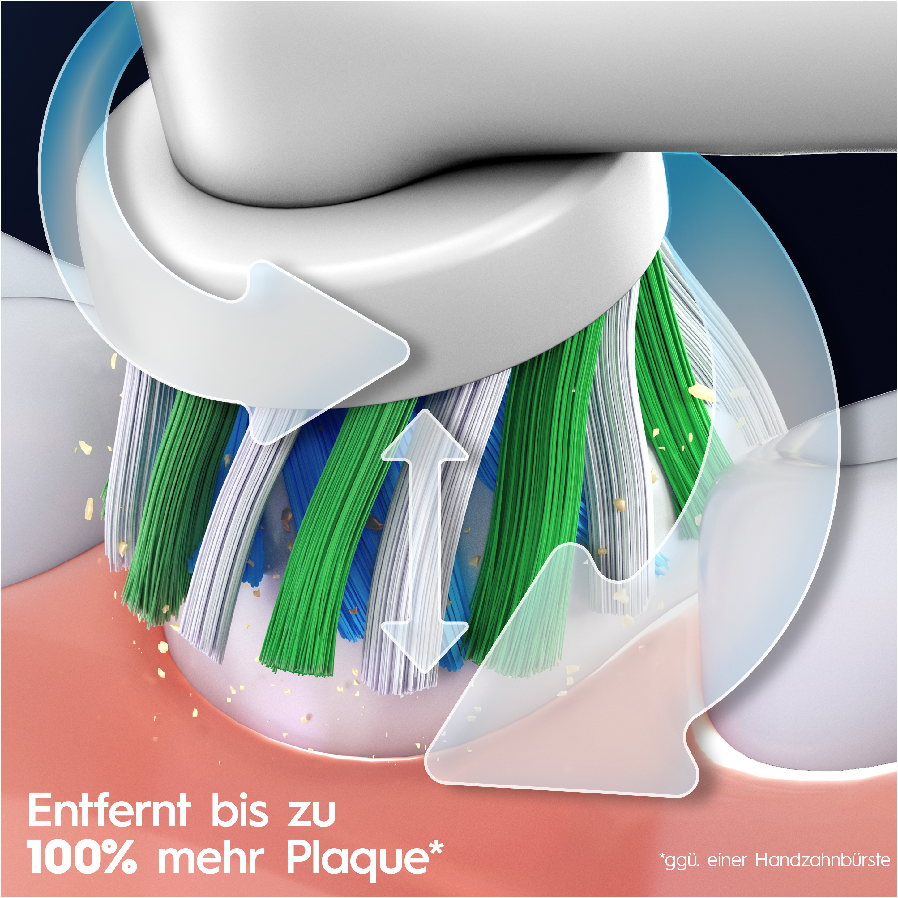 Primo piano di una testina di spazzolino con setole verdi, bianche e blu, che puliscono tra i denti.