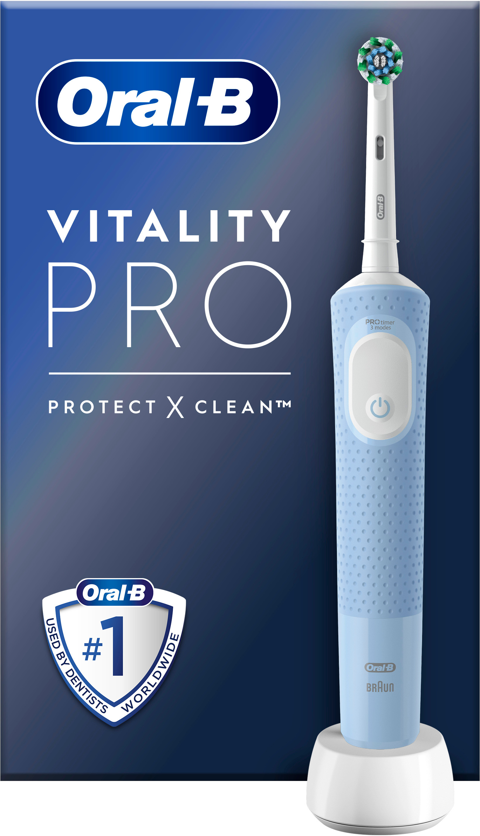 Uno spazzolino elettrico Oral-B e la sua base di ricarica. Lo sfondo è una sfumatura blu con testo.