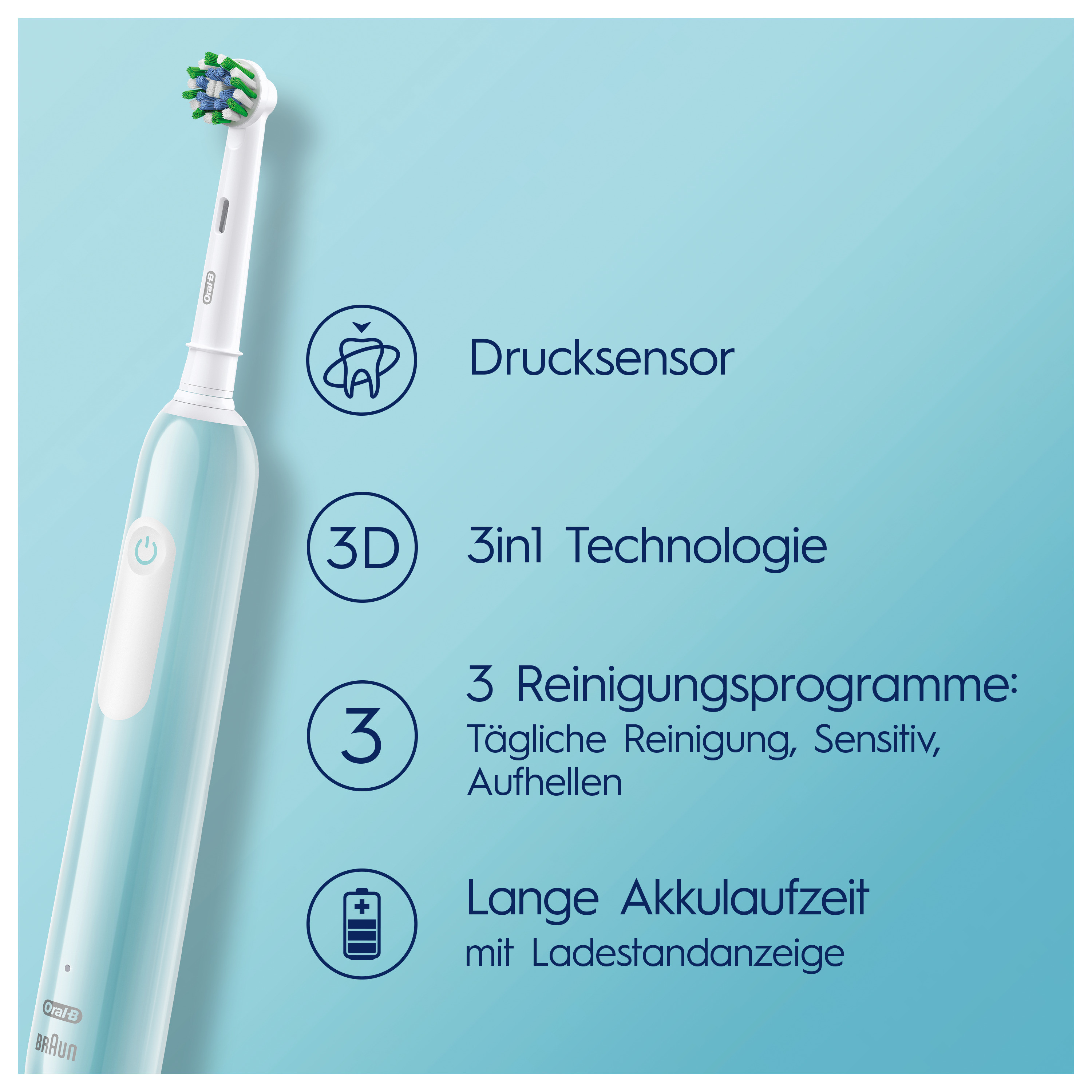 Uno spazzolino elettrico azzurro con testo che descrive le sue caratteristiche.