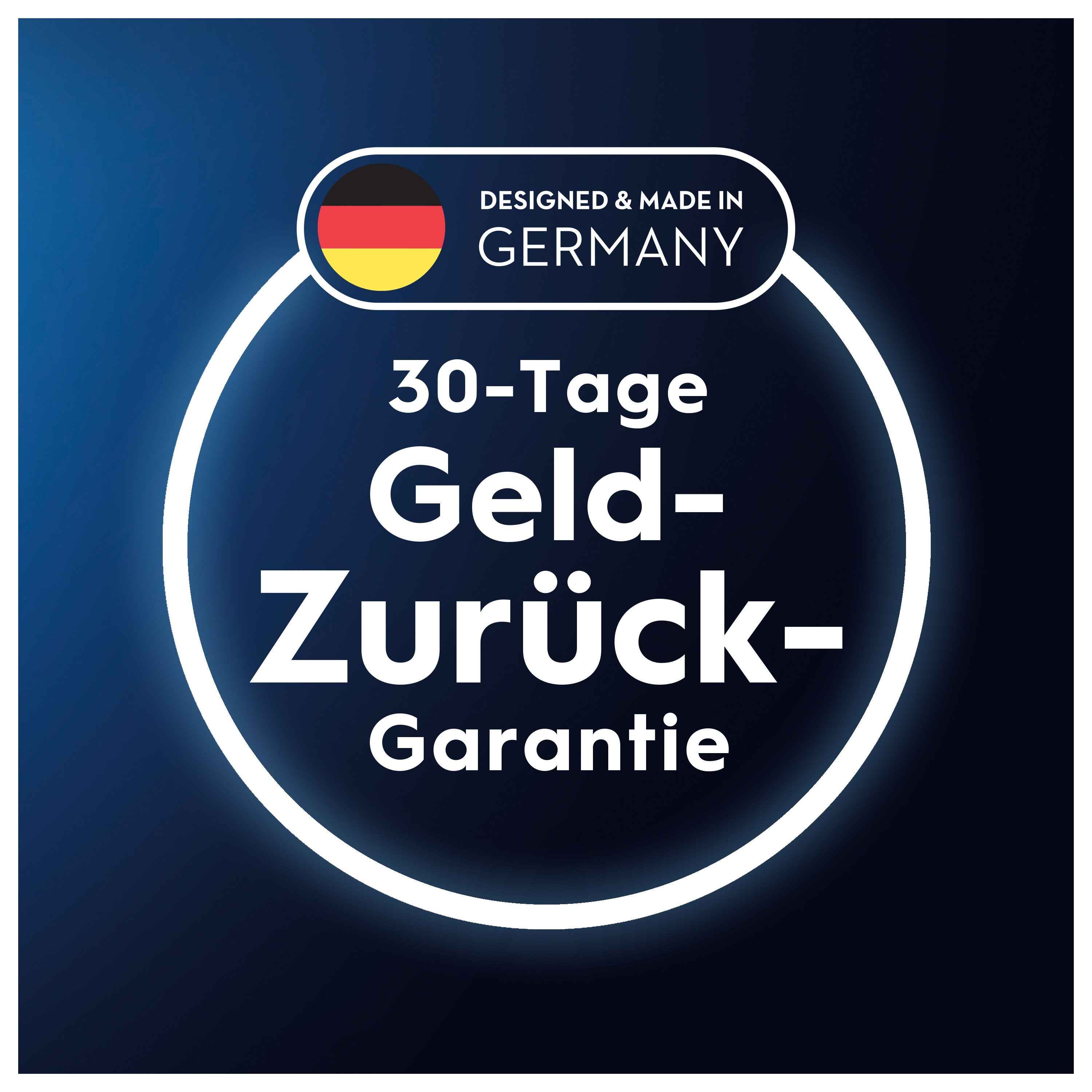 Badge con bandiera tedesca e testo: garanzia di rimborso di 30 giorni, progettato e prodotto in Germania.