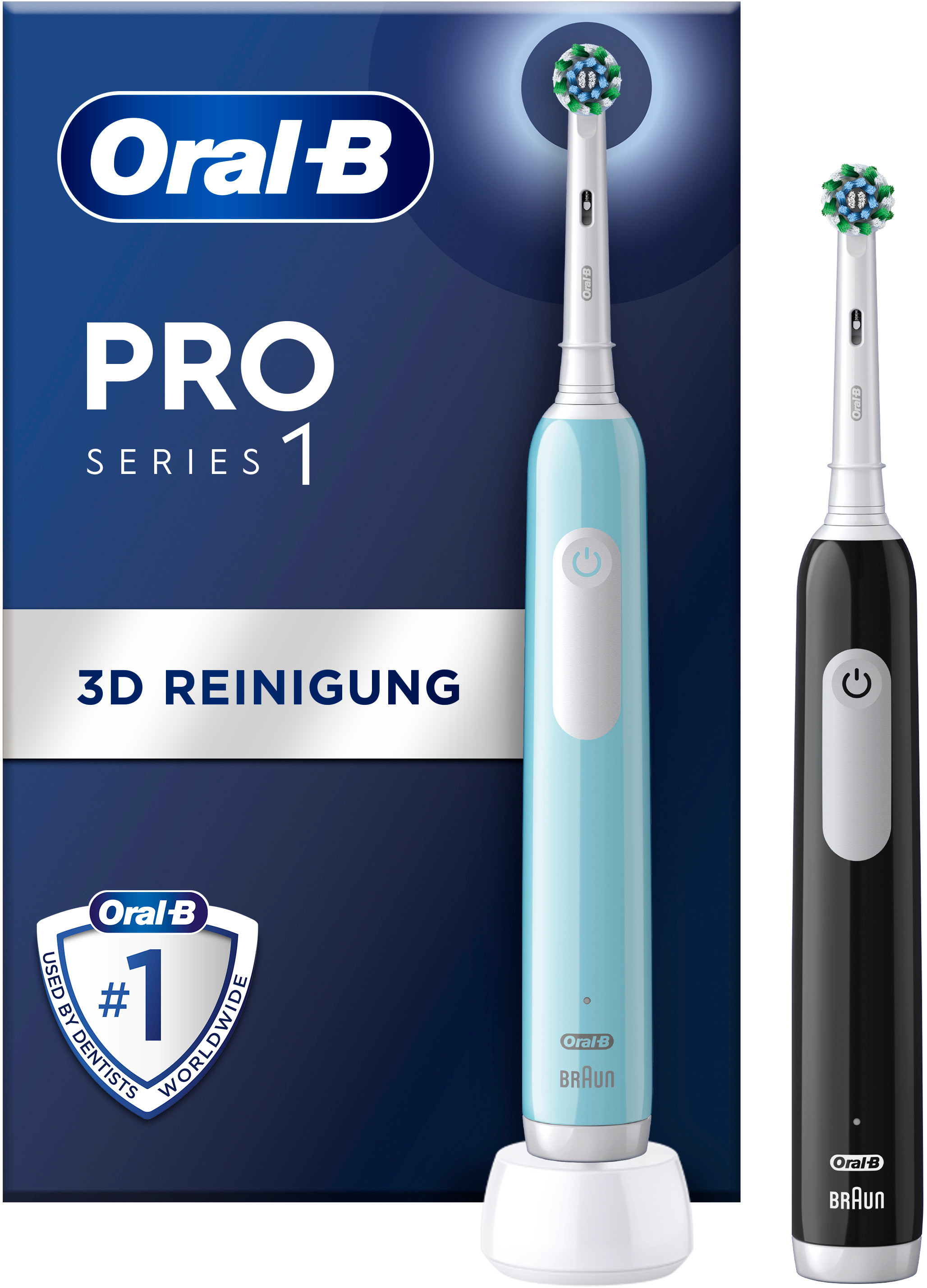 Due spazzolini elettrici Oral-B Pro Series 1. Uno azzurro chiaro su un supporto, l'altro nero.