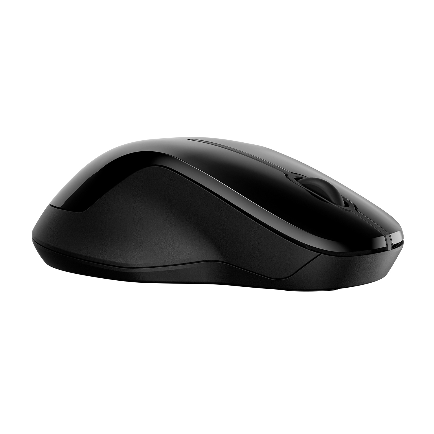 Un mouse per computer nero con rotella di scorrimento e design ergonomico.