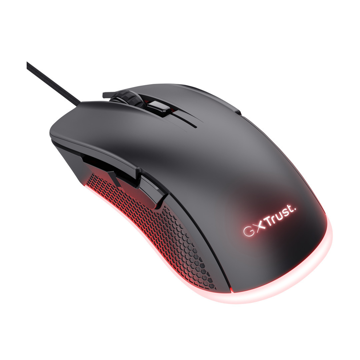 Mouse Trust GX nero con luci LED rosse. Ha una connessione cablata.