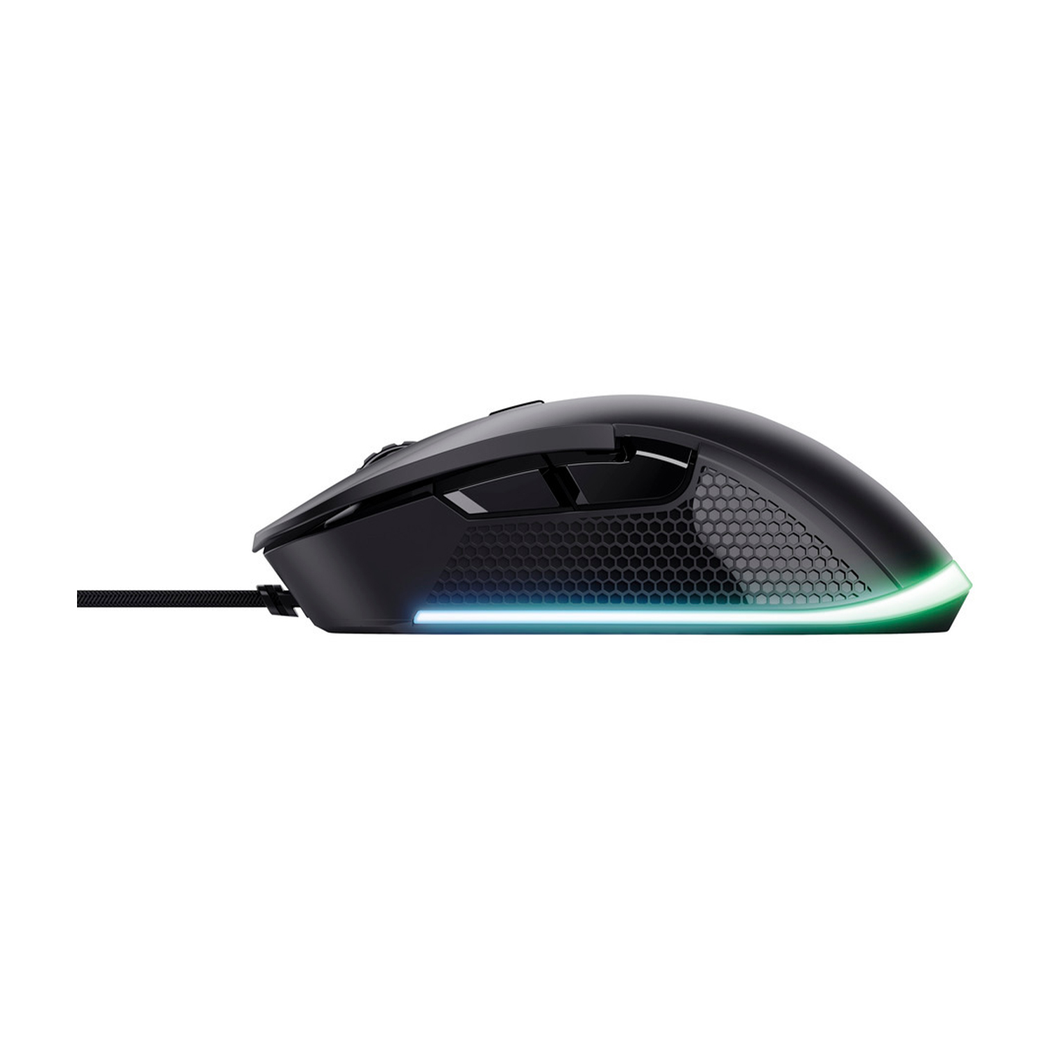 Mouse per computer nero con pulsanti laterali e cavo. Ha illuminazione RGB sul bordo inferiore.