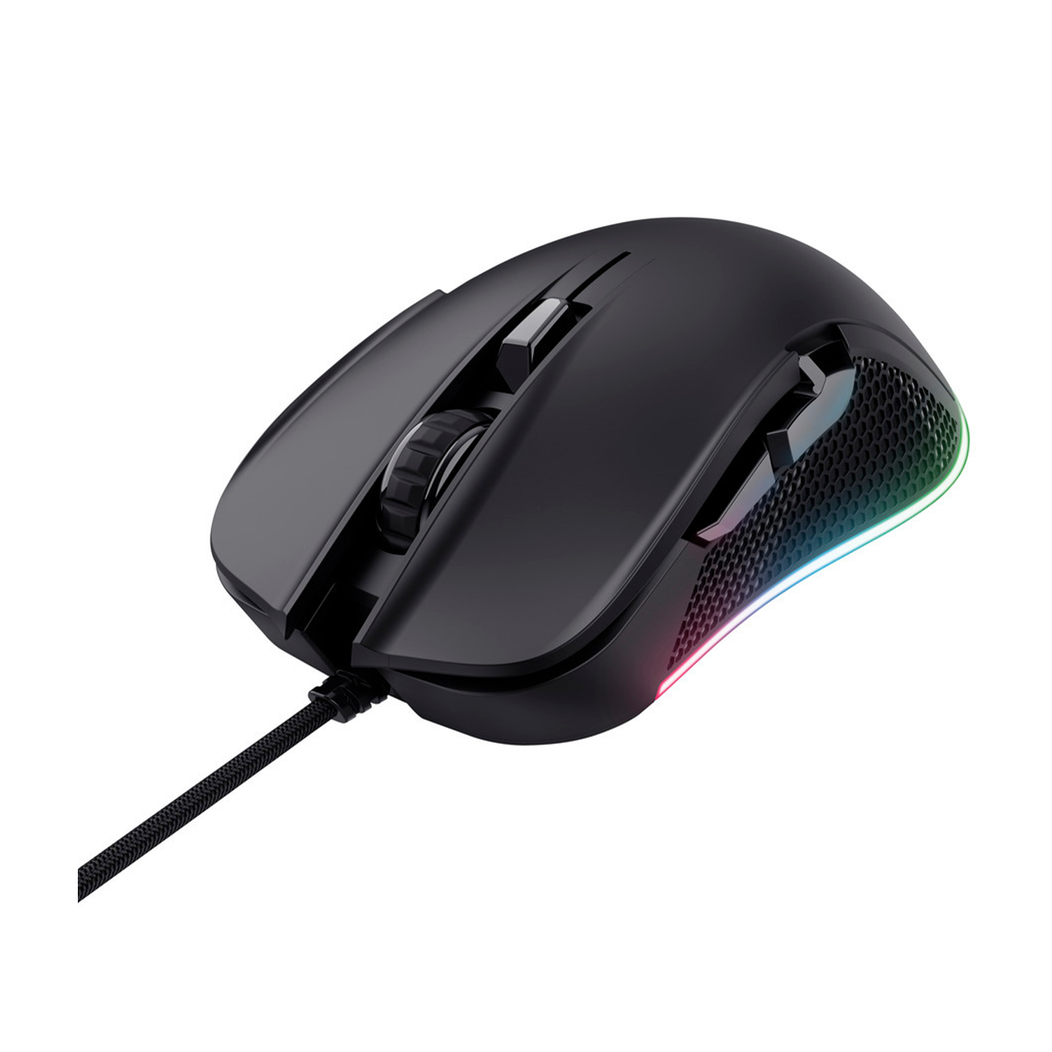 Mouse da gioco nero con rotella e pulsanti laterali. Il cavo è collegato al mouse.