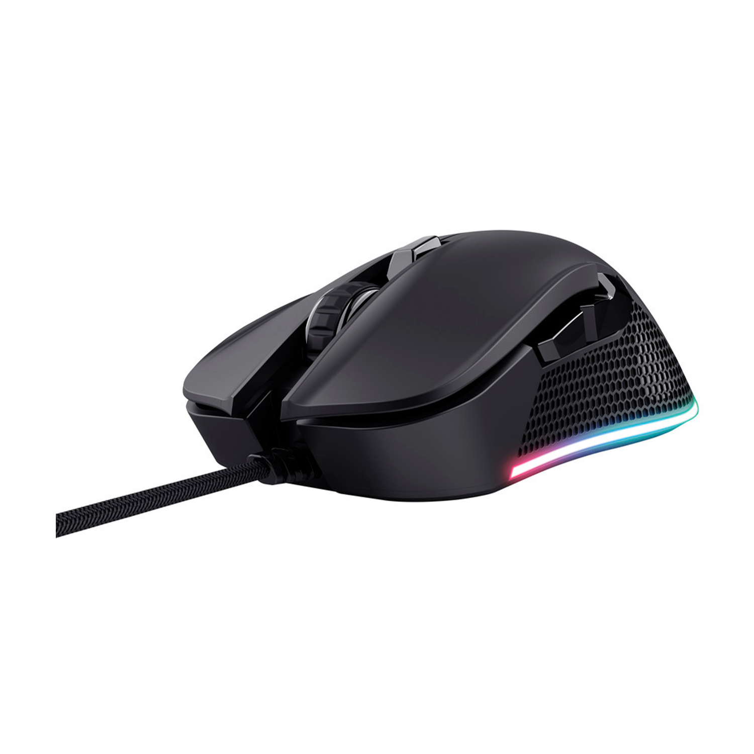 Mouse da gioco nero con cavo e luce colorata sul lato.