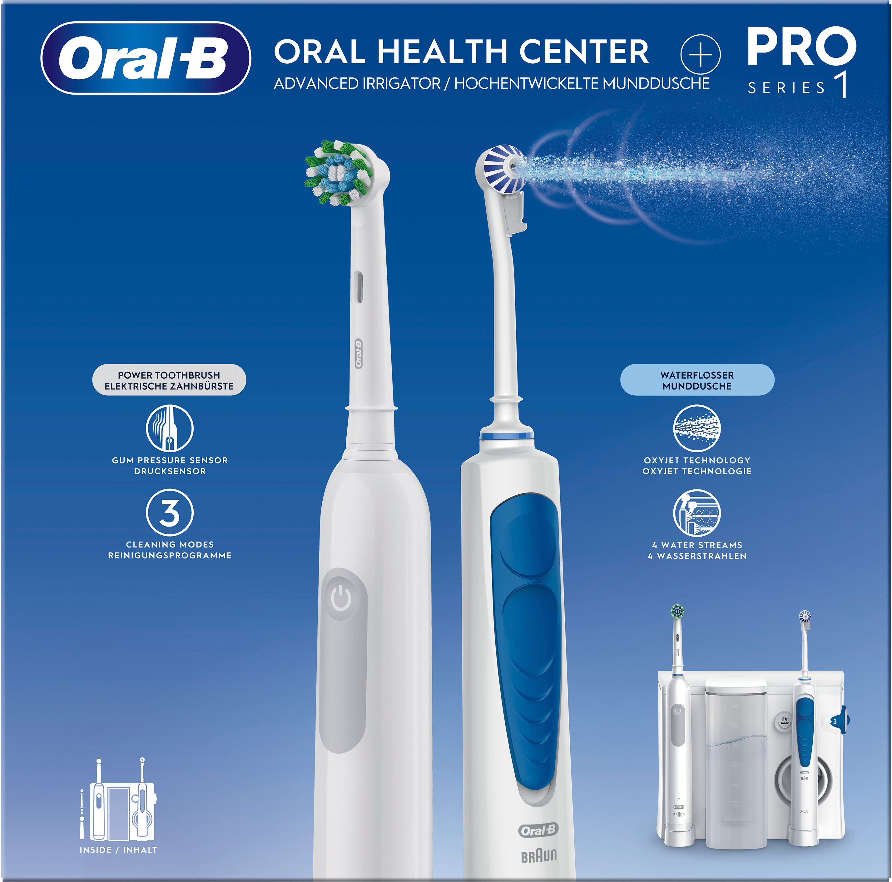 Due spazzolini elettrici bianchi. Uno ha setole verdi, l'altro dettagli blu. È visibile il logo Oral-B.