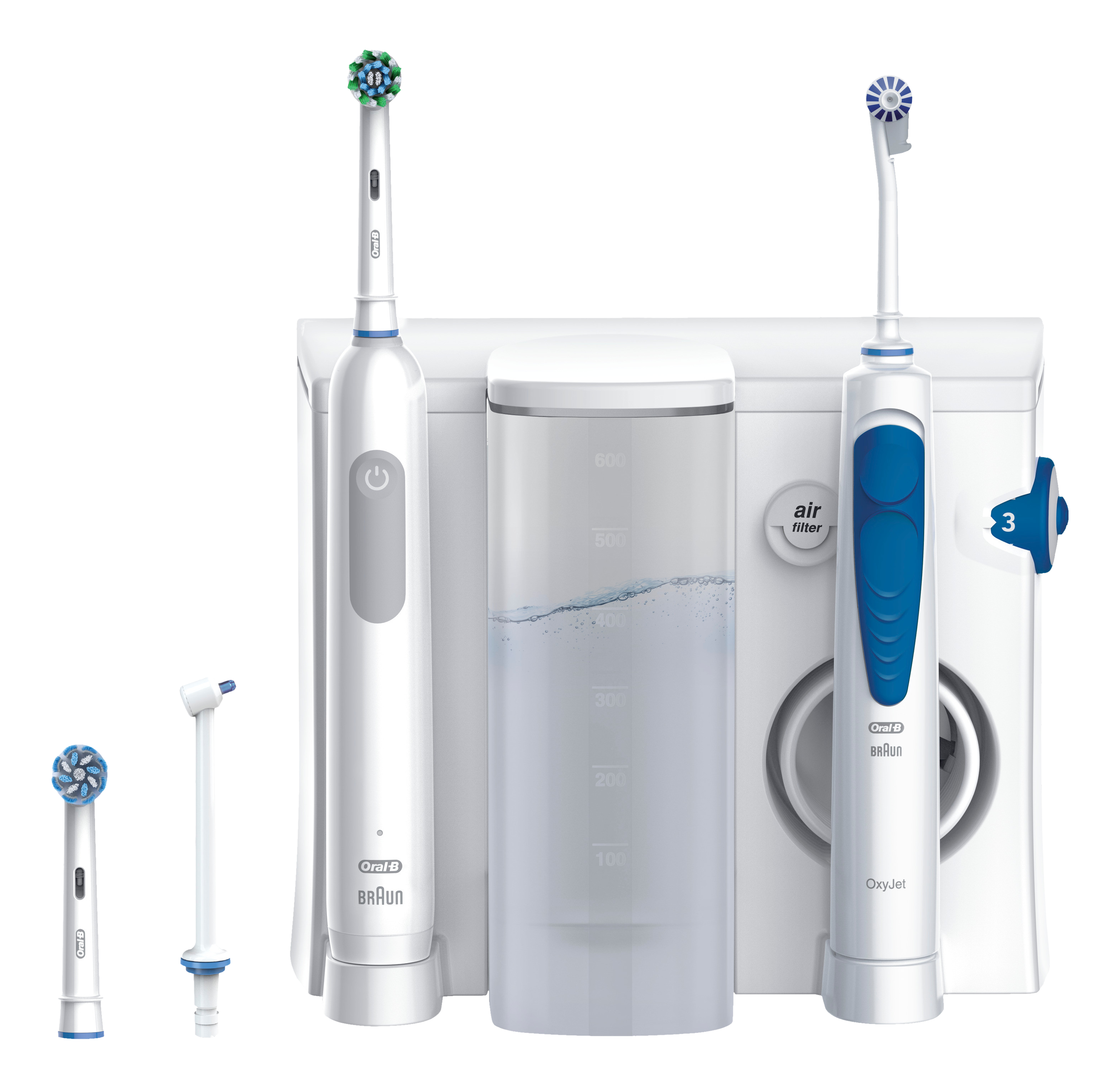 Sistema spazzolino Oral-B OxyJet. Bianco e blu, con diverse testine e un serbatoio dell'acqua. Sfondo bianco.