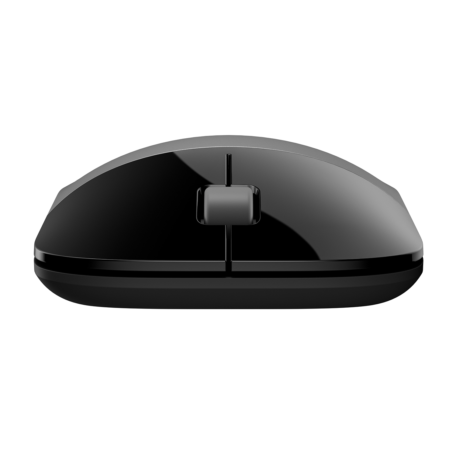 Un mouse per computer nero con due pulsanti e una rotella, visto dall'alto.