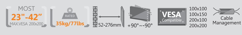 Diagram a monitor VESA-kompatibilitásáról, beleértve a méreteket és a kábelkezelést.