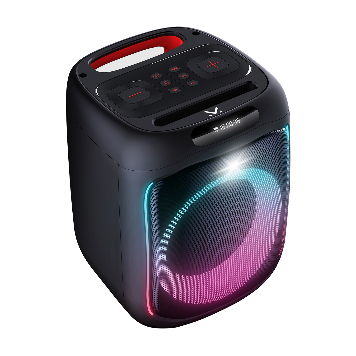 Altoparlante portatile nero con maniglia, pulsanti e display luminoso colorato.