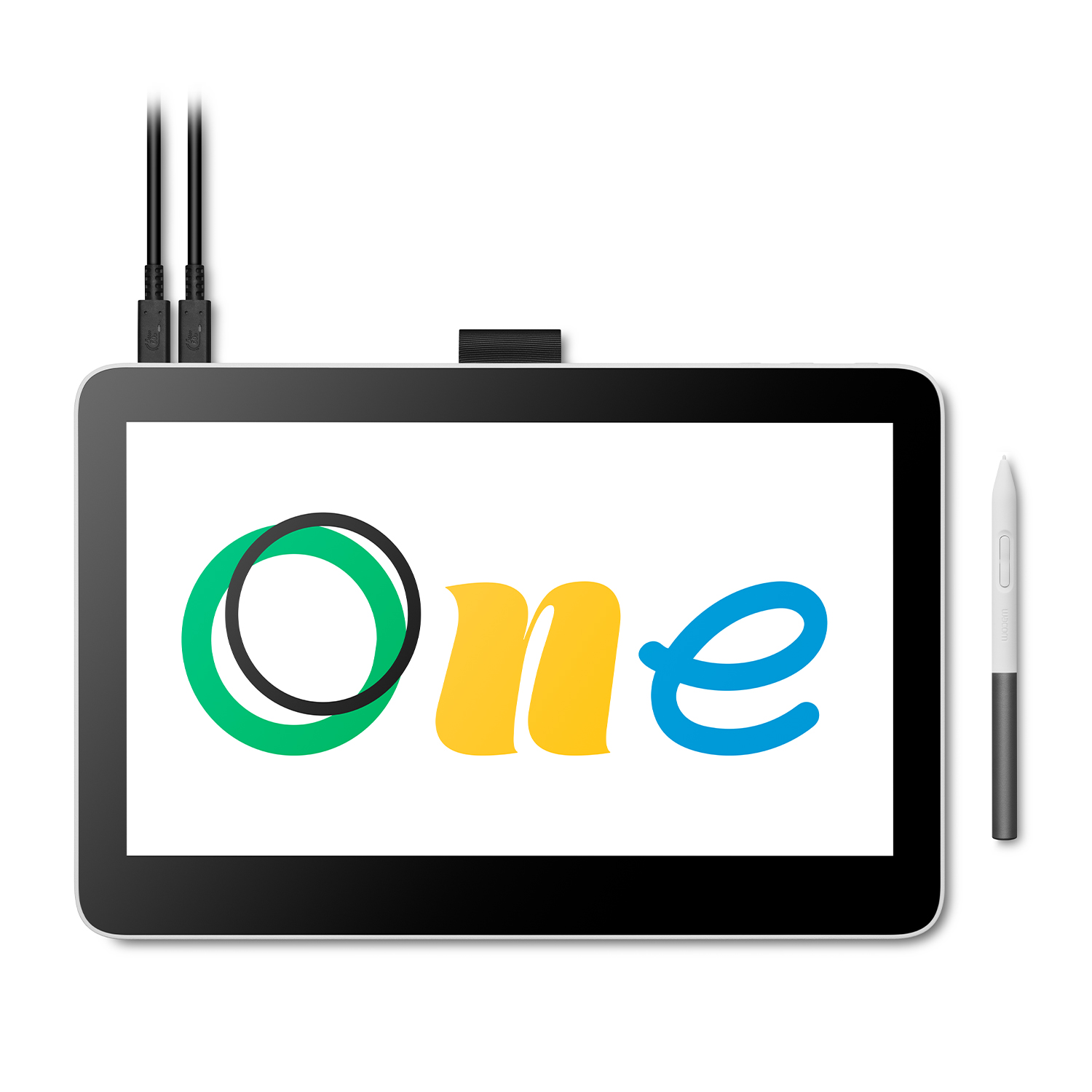 Un tablet con una penna digitale. Il tablet ha un logo One verde, giallo e blu sullo schermo.