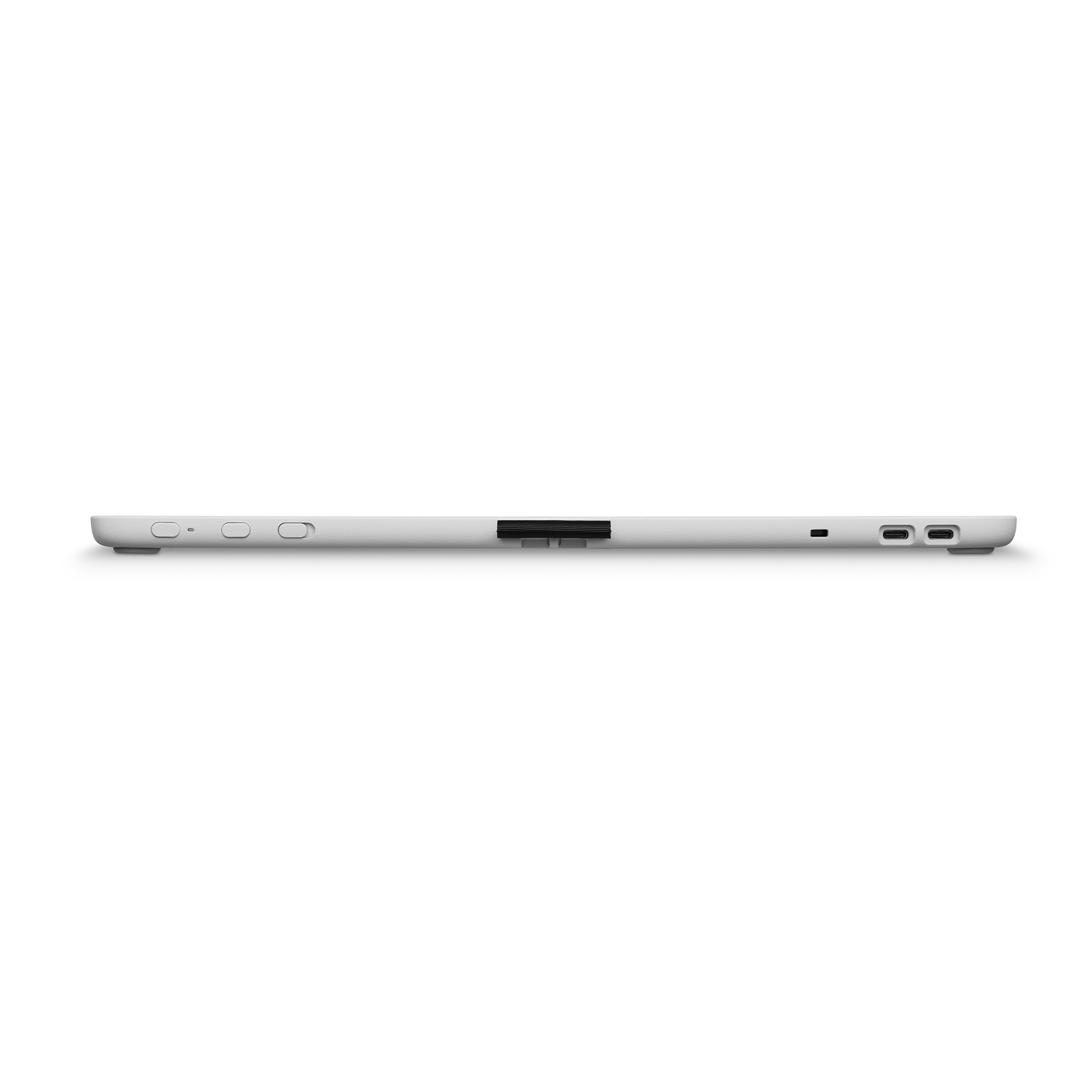 Un dispositivo grigio, forse un laptop, visto di lato. Ha diverse porte e pulsanti visibili.