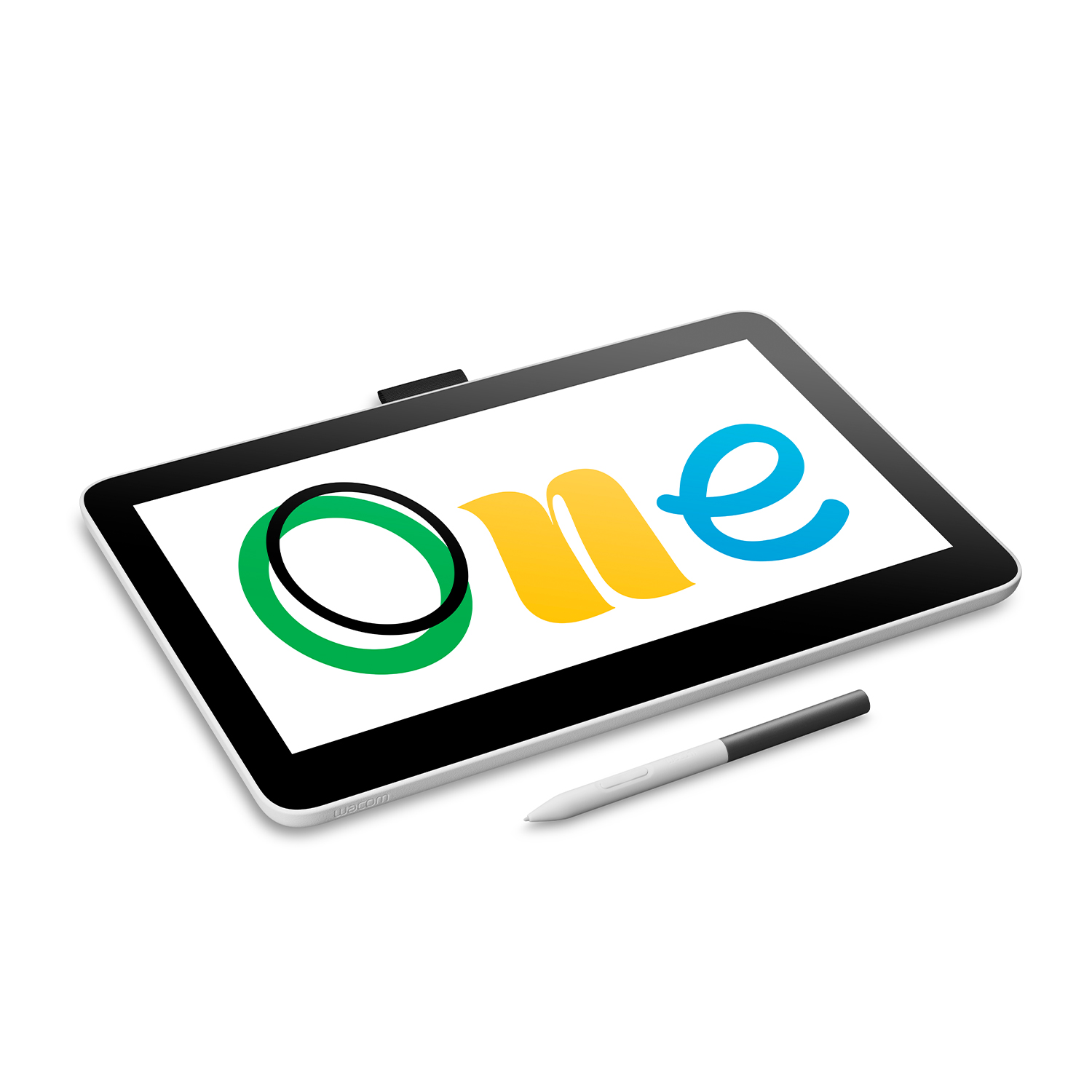 Tablet con "ONE" sullo schermo, stilo. Tablet bianco, cornice nera. Stilo bianco e nero.