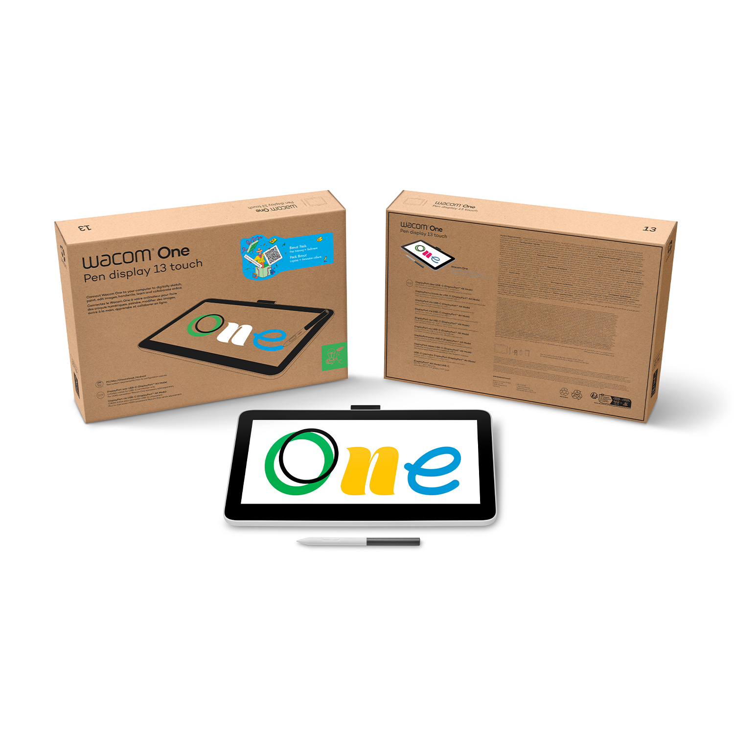 Due scatole con una tavoletta grafica e una penna, e la tavoletta con il logo One.
