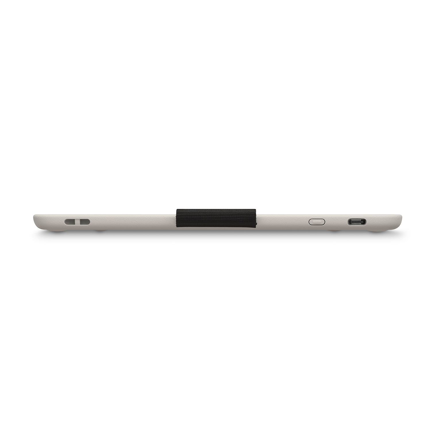 Vista laterale del tablet. Colore grigio chiaro, fascia nera. Porte di alimentazione e dati visibili.