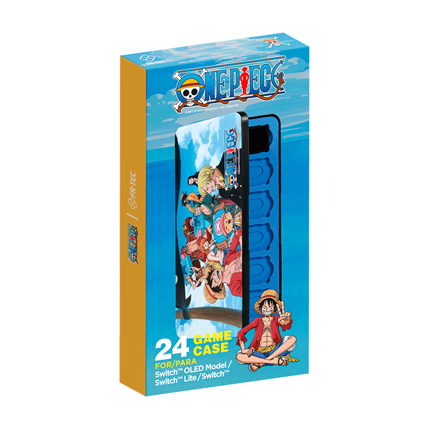 Funda de juego One Piece para Switch. Caja colorida con ilustraciones de personajes. Funda Switch azul dentro.