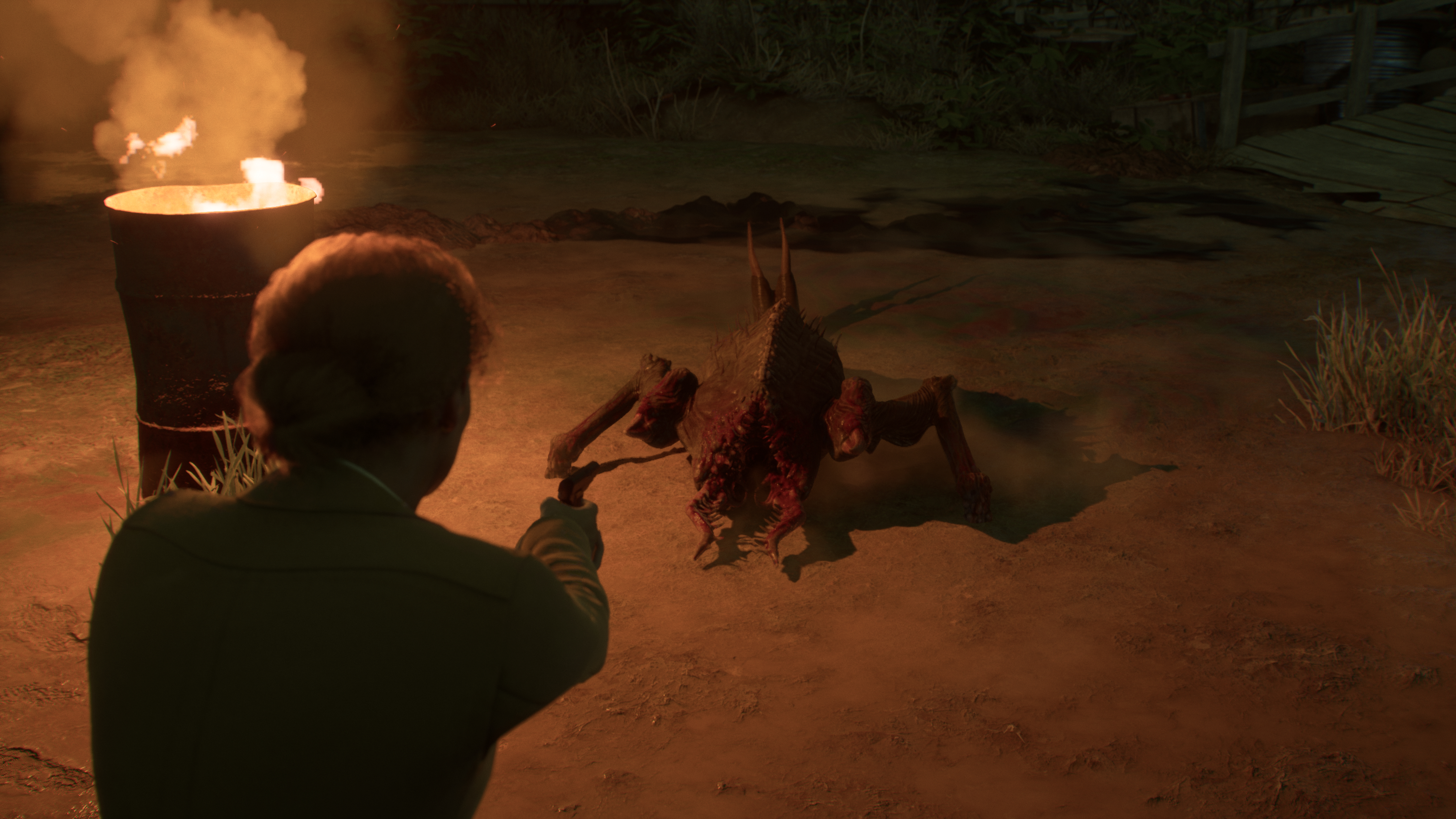 Eine Person zielt mit einer Waffe auf ein Monster mit feurigem Hintergrund.