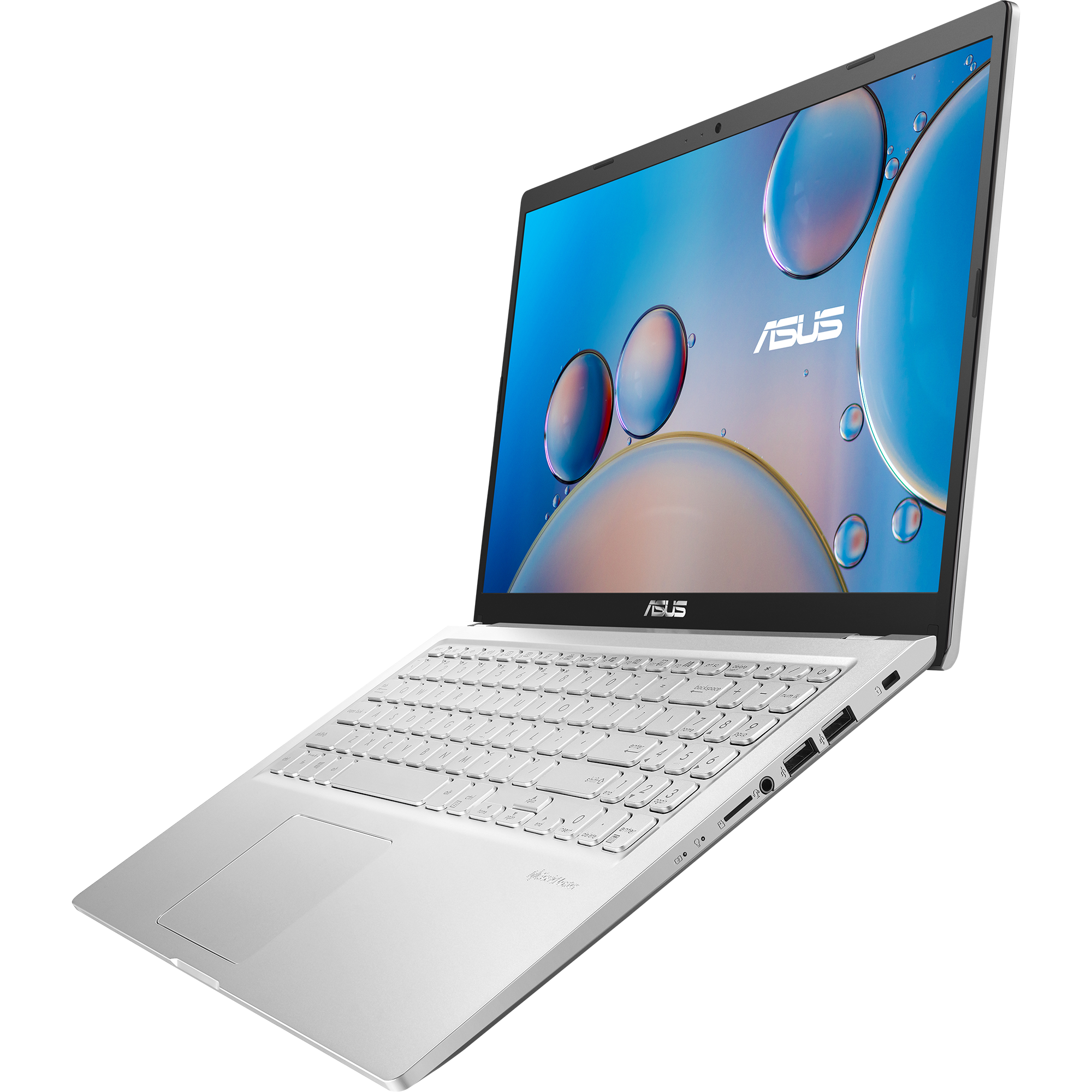 Portátil ASUS plateado sobre fondo blanco. Pantalla muestra burbujas azules. Teclado visible. Logo ASUS en pantalla y abajo.