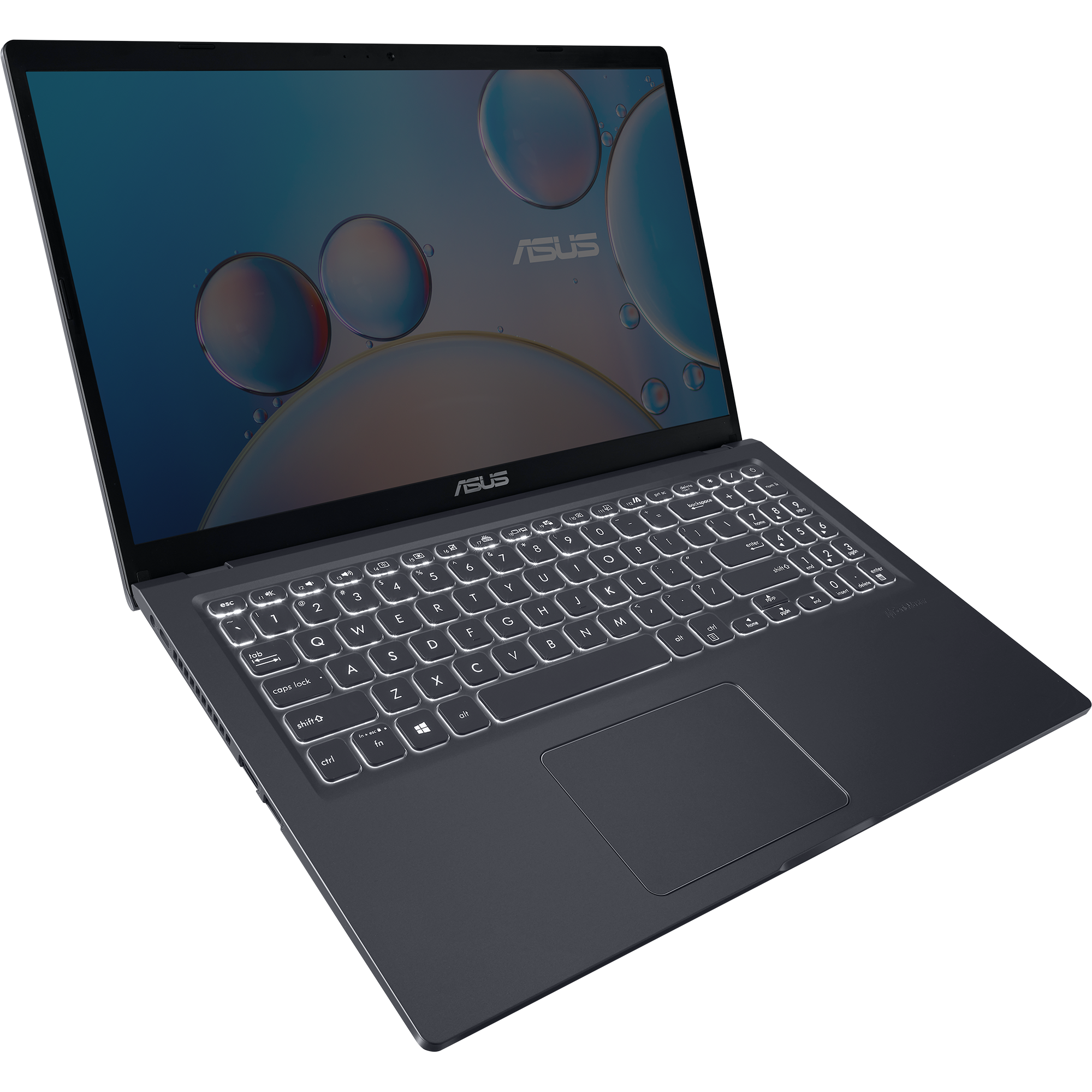 Un portátil negro en ángulo con un teclado iluminado y una pantalla que muestra una imagen abstracta azul y amarilla.