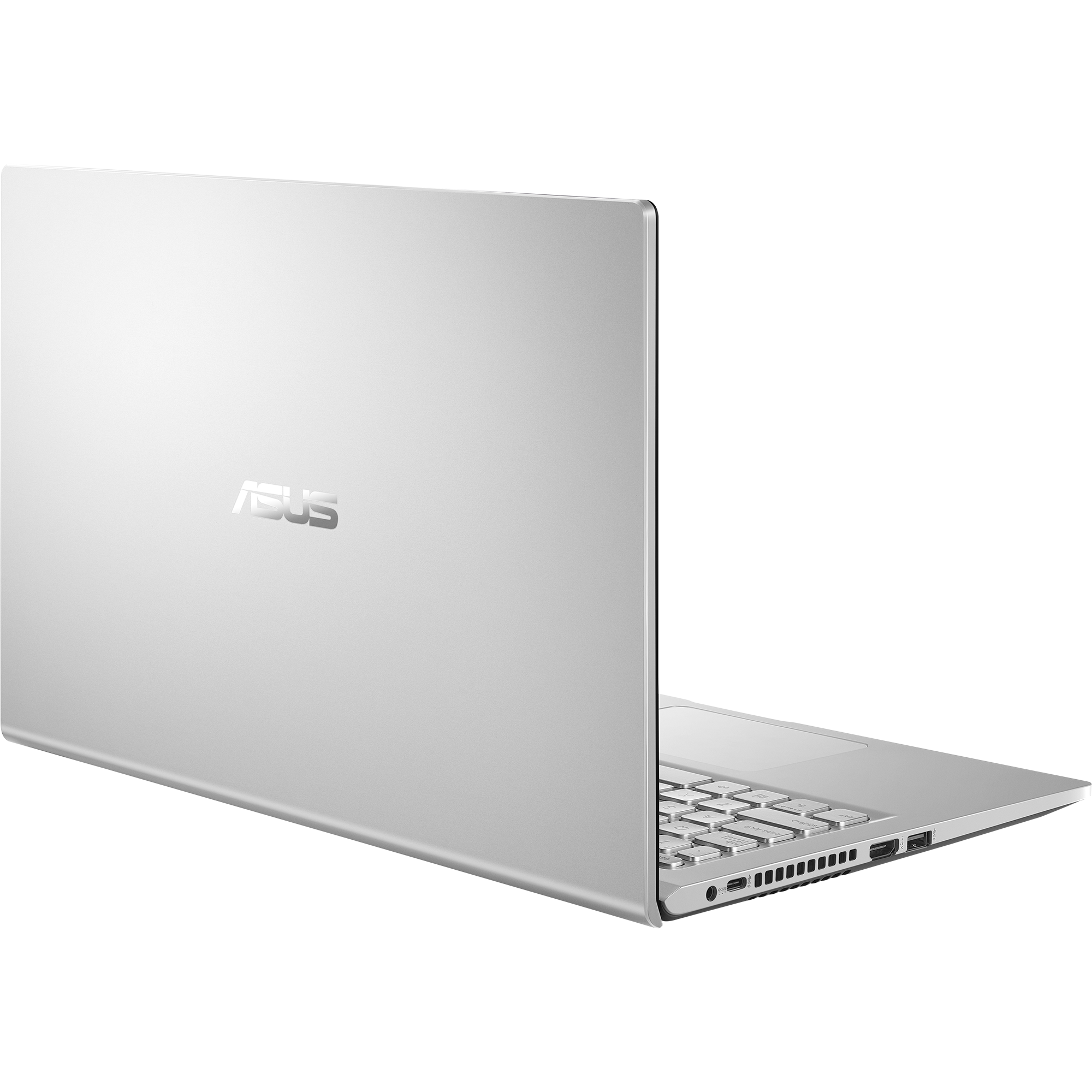 Portátil ASUS plateado con la tapa abierta. El logotipo de ASUS es visible. El teclado y los puertos también son visibles a la derecha.