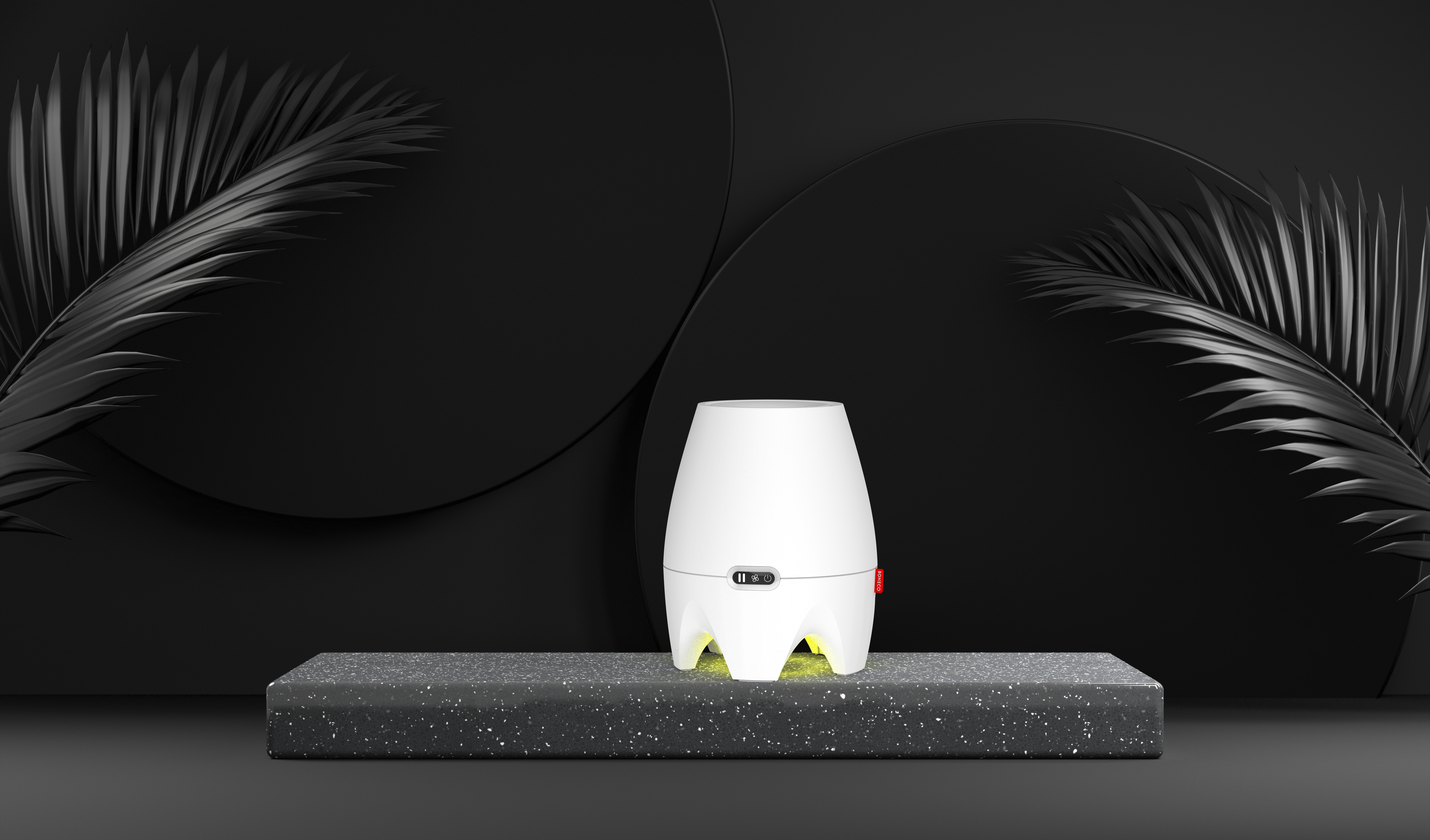 Weißer, eiförmiger Aroma-Diffusor auf dunkler, strukturierter Oberfläche.