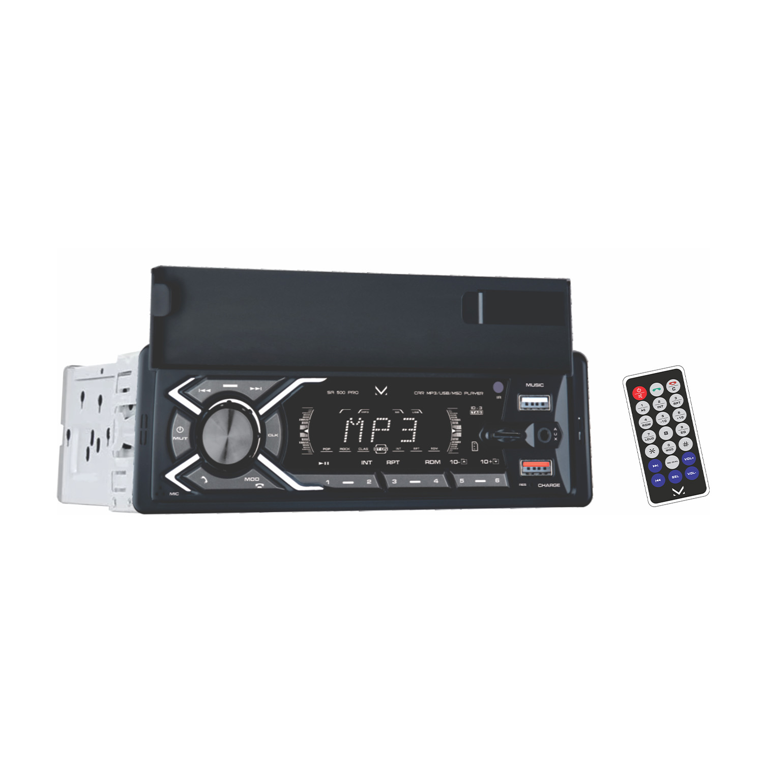 Autoradio con telecomando accanto. L'autoradio è nera.