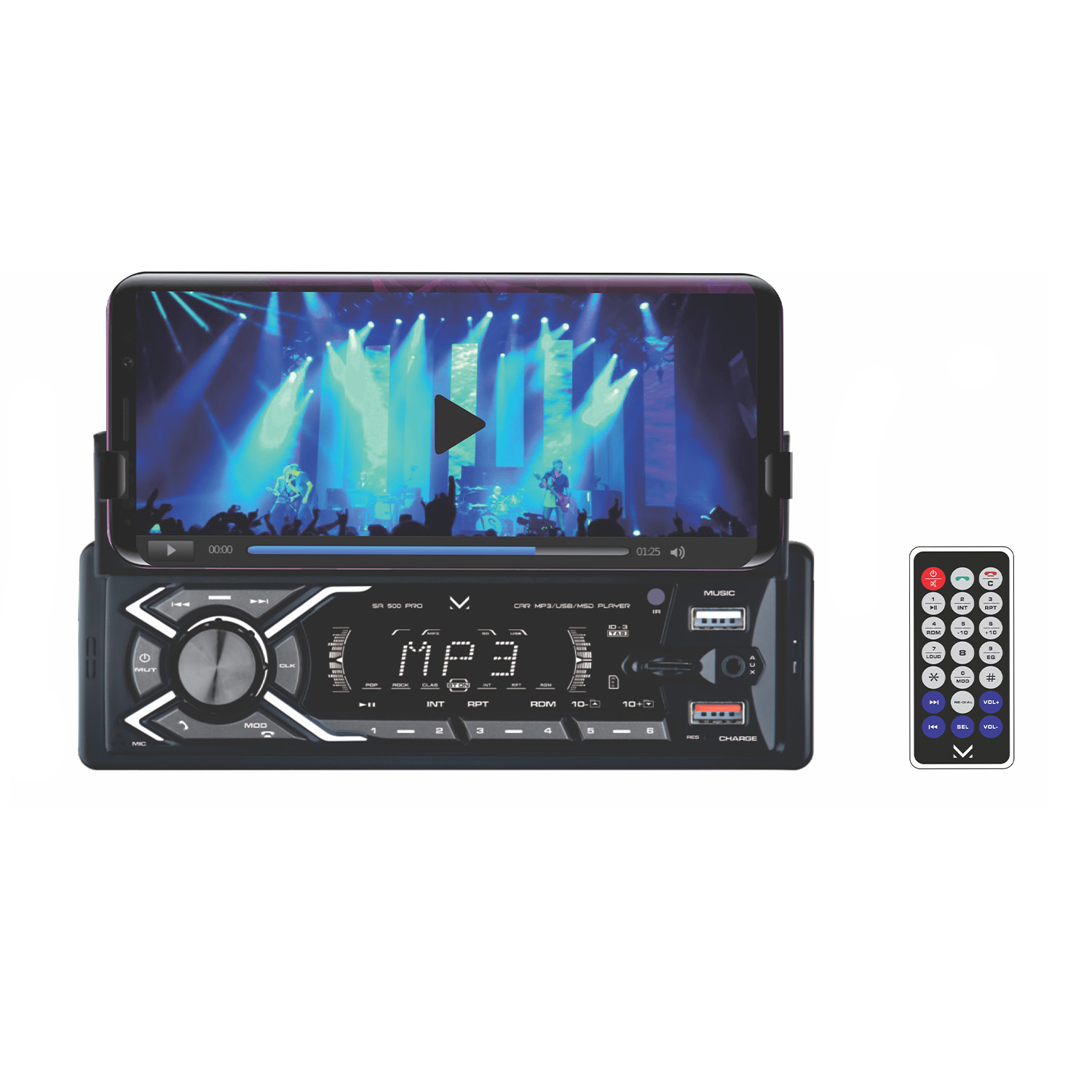Lettore MP3 per auto con un telefono che mostra un concerto e un telecomando.