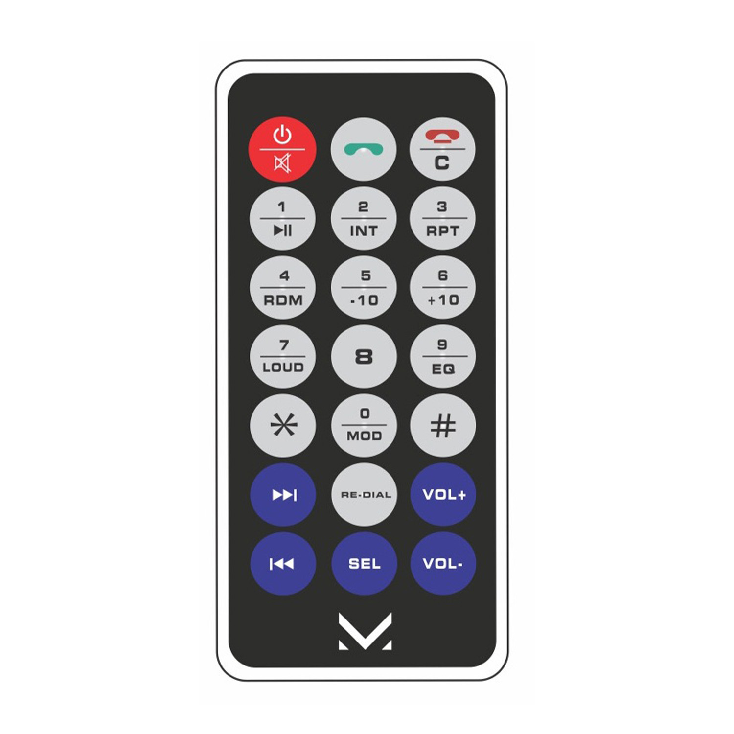 Telecomando con pulsanti: accensione, muto, numeri, volume e tasti di navigazione.