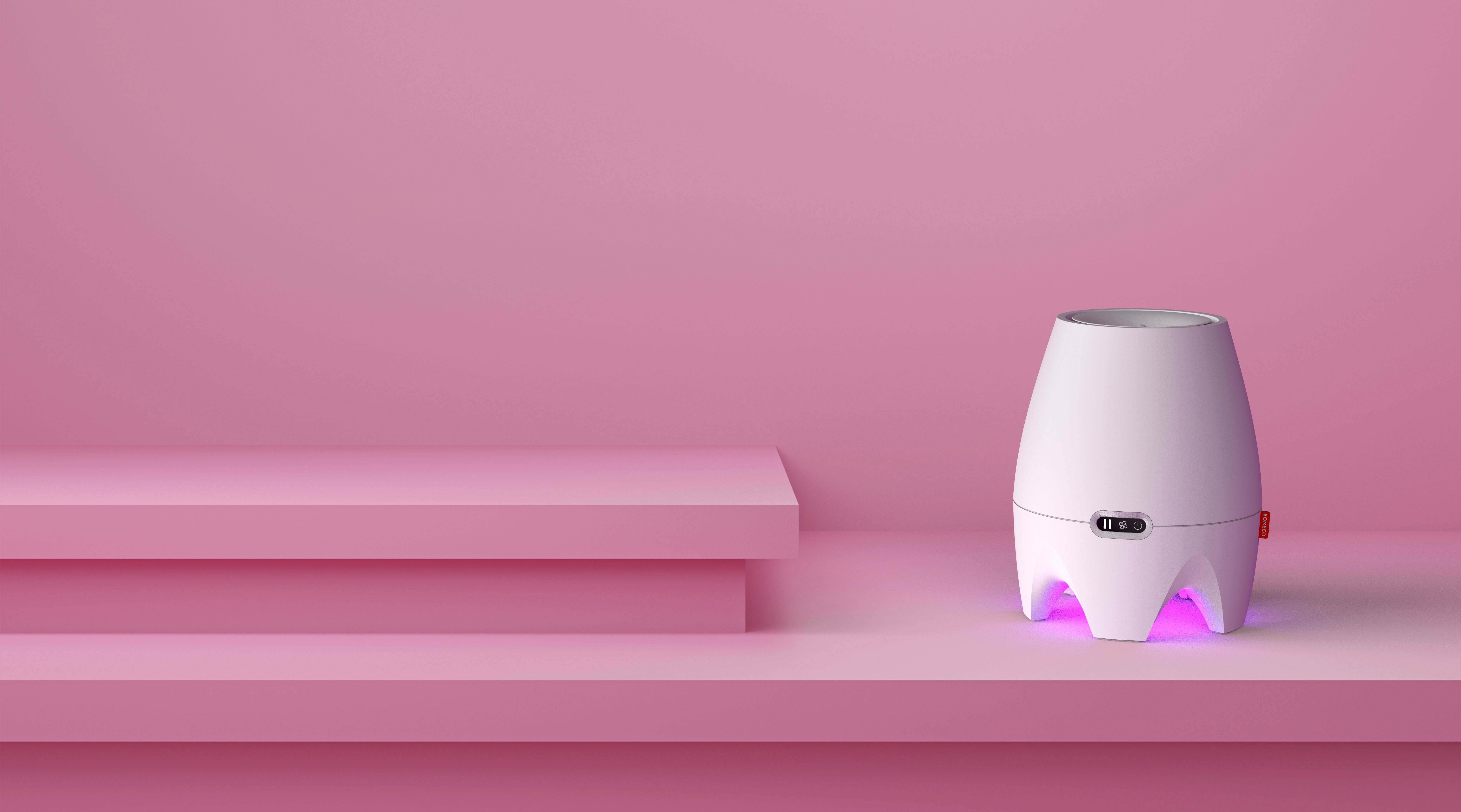 Eine rosa Plattform mit einem weißen Diffusor mit Licht. Rosa Hintergrund.