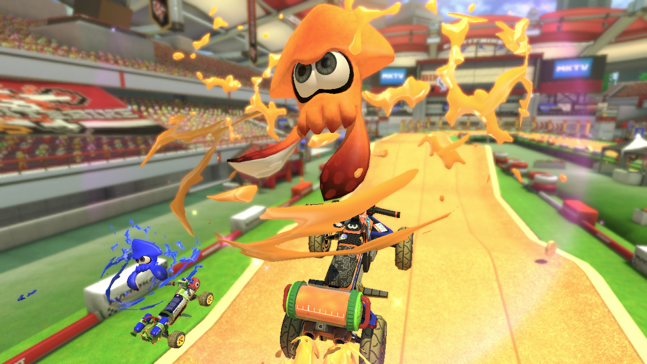 A racing scene from a video game featuring characters in karts with ink splashes.