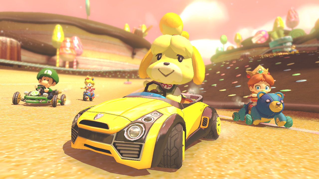 Isabelle from Animal Crossing driving a yellow car in a Mario Kart scene with other characters racing.