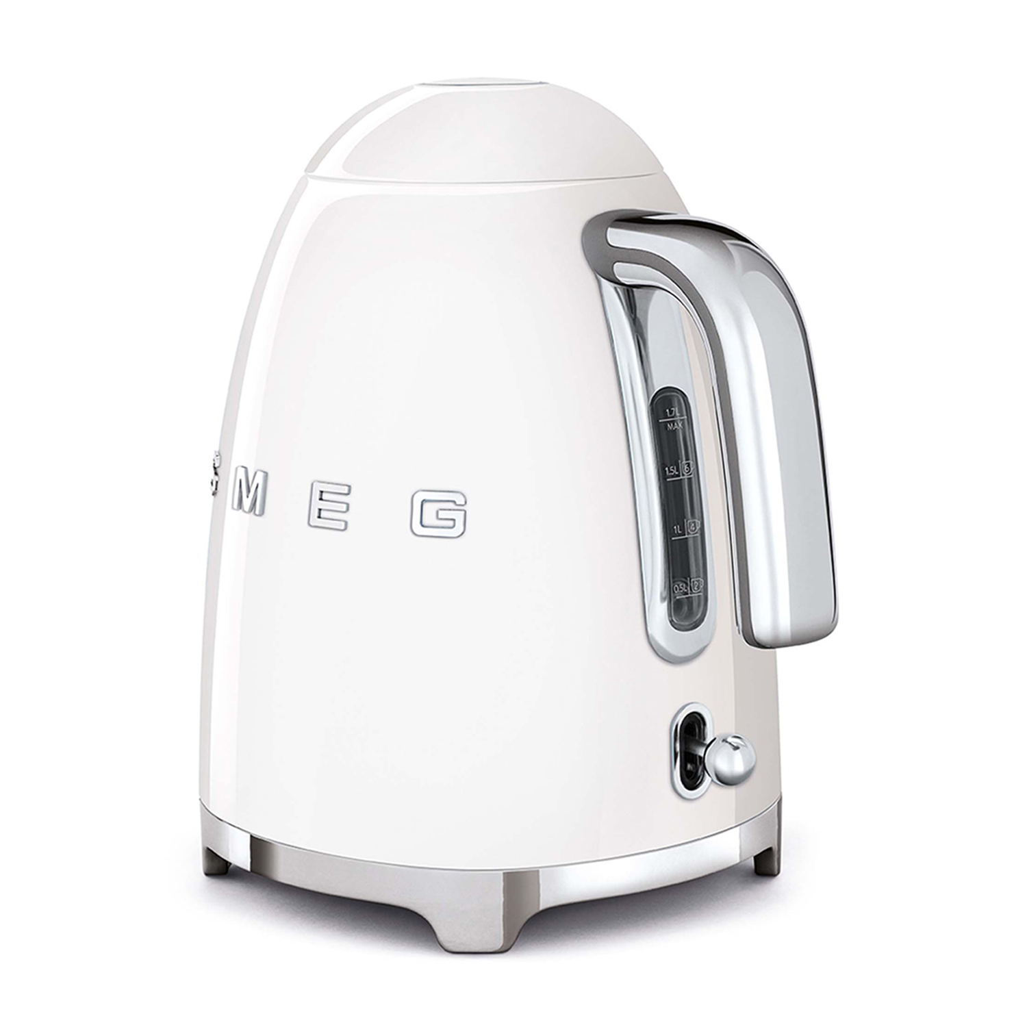 Bollitore Smeg bianco con manico, base e beccuccio cromati.