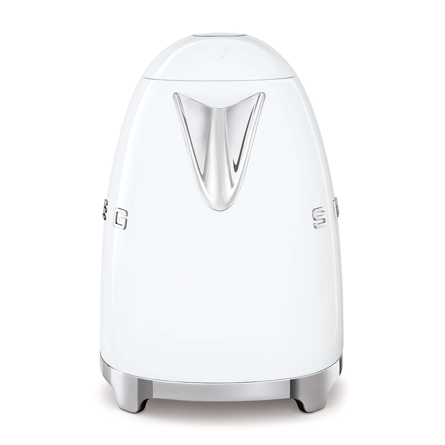 Bollitore elettrico bianco con beccuccio e base cromati, su sfondo bianco.