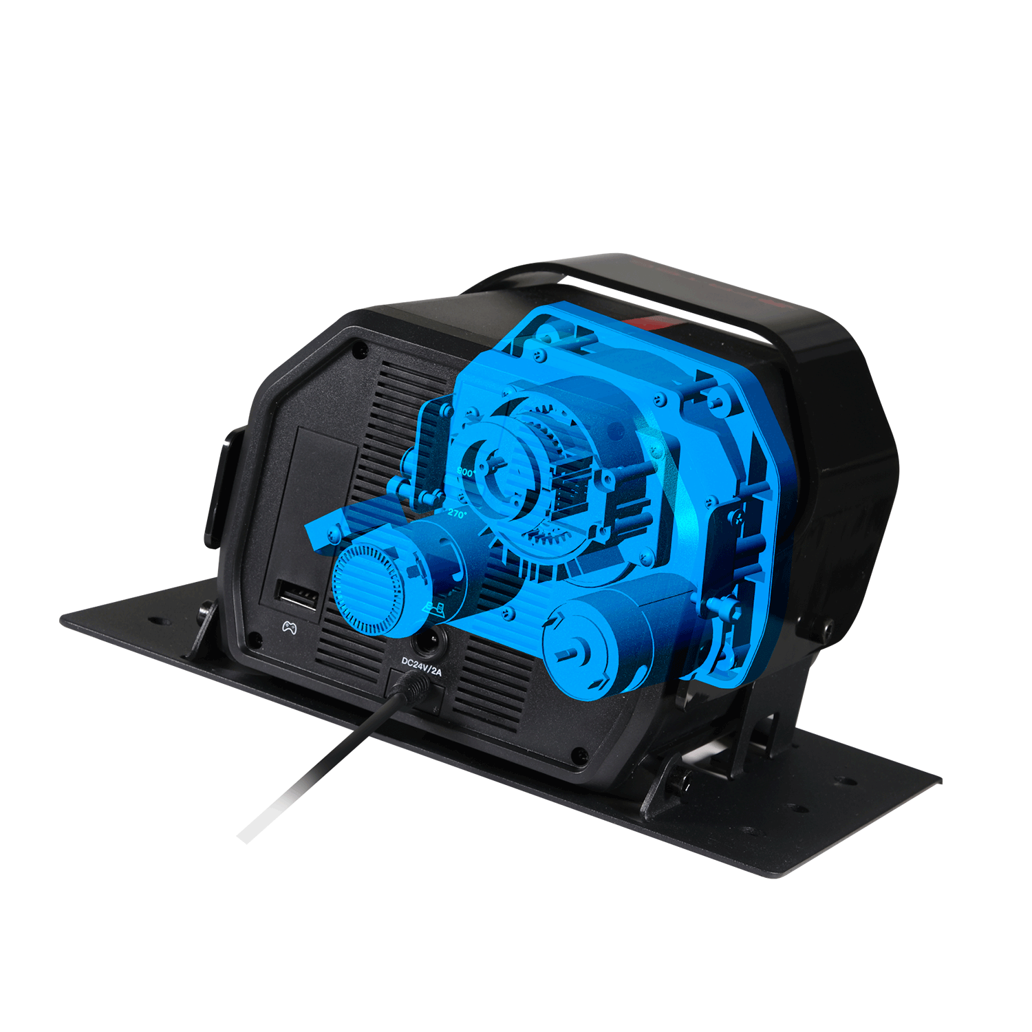 Base de volante gaming, mostrando engranajes internos en azul, exterior negro y puerto USB.