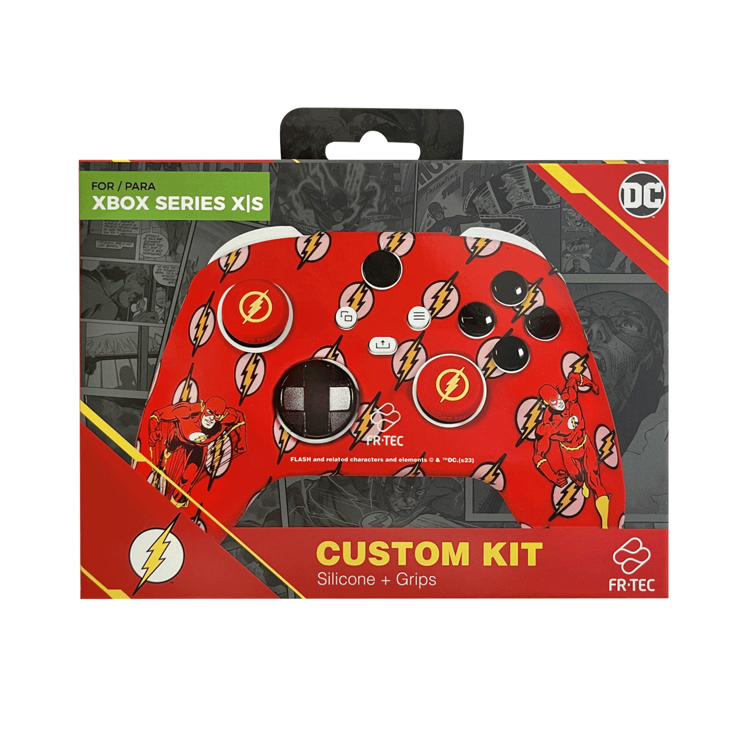 Mando de Xbox Series X|S con tema de Flash en una caja roja. Fondo estilo cómic.