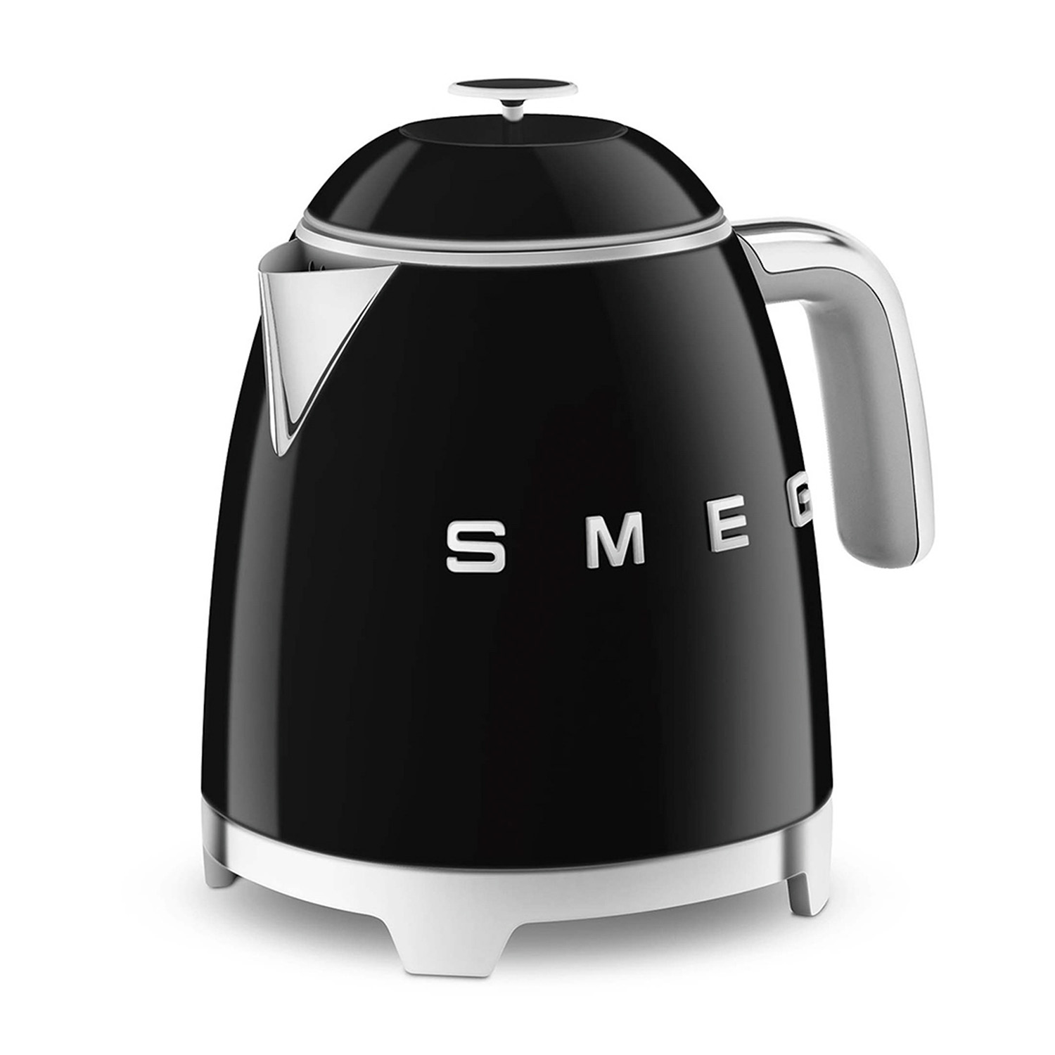 Bollitore SMEG nero con base e manico argentati, su sfondo bianco.