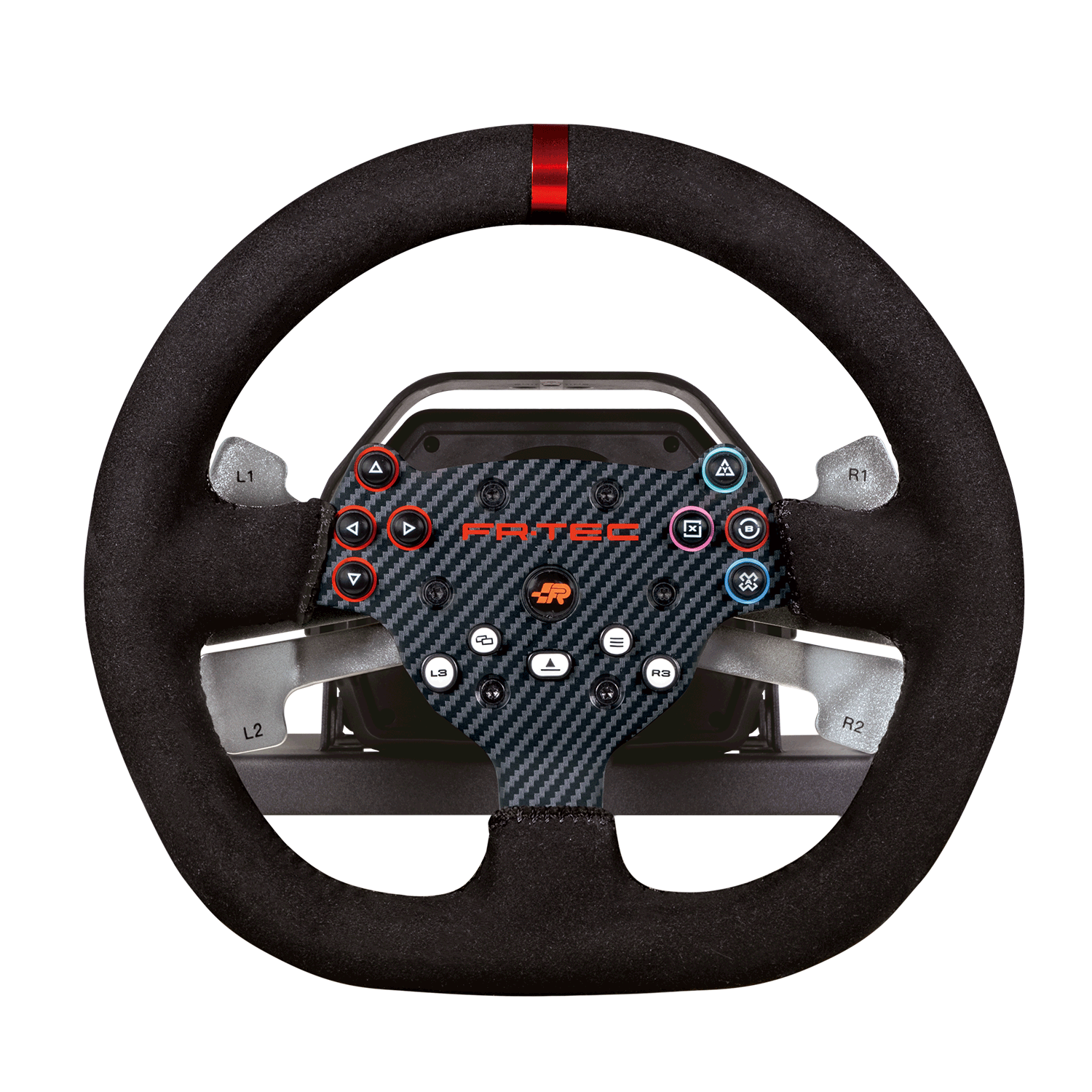 Volante para un simulador de carreras, con botones, levas y un centro de fibra de carbono.
