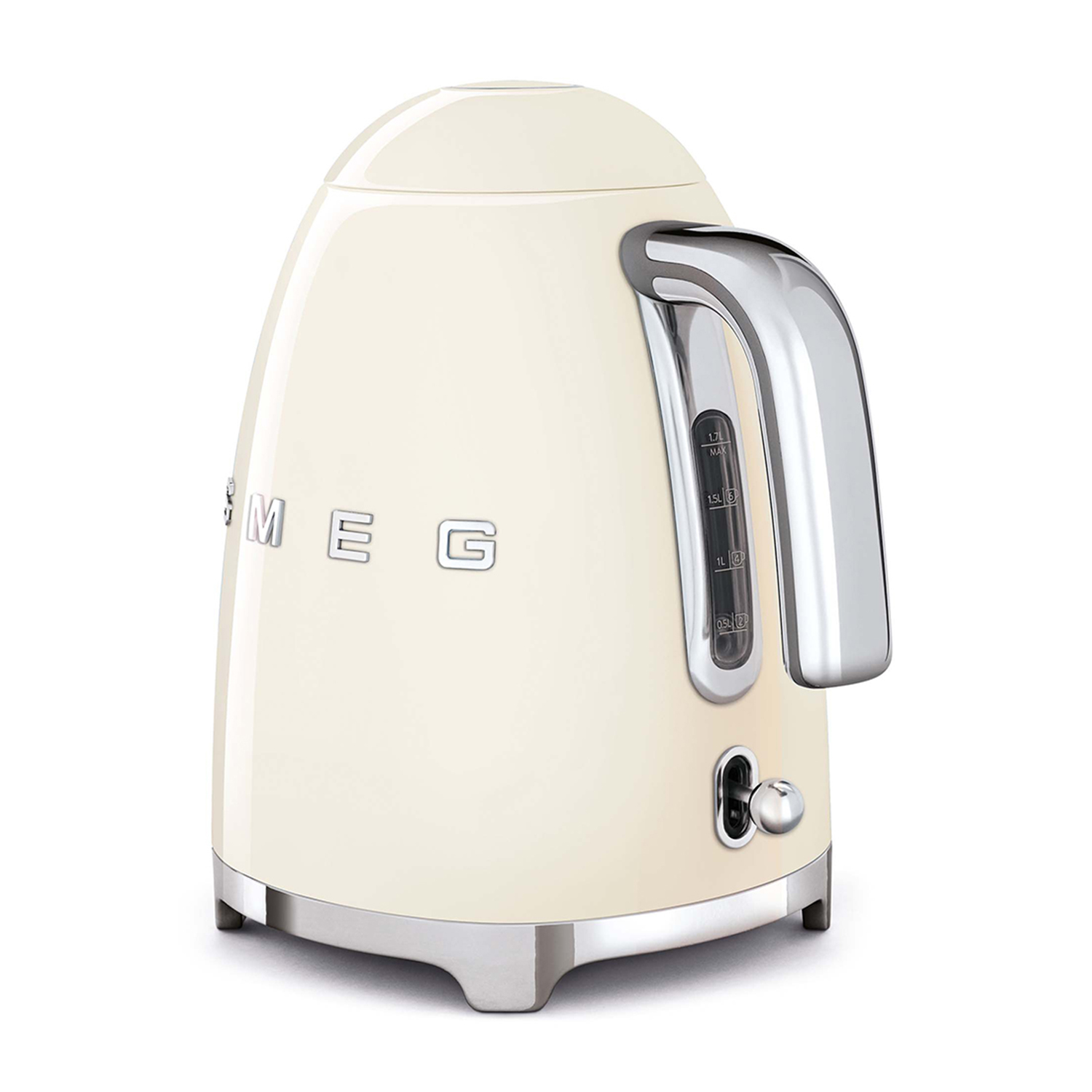 Bollitore Smeg color crema con dettagli cromati e indicatore del livello dell'acqua.