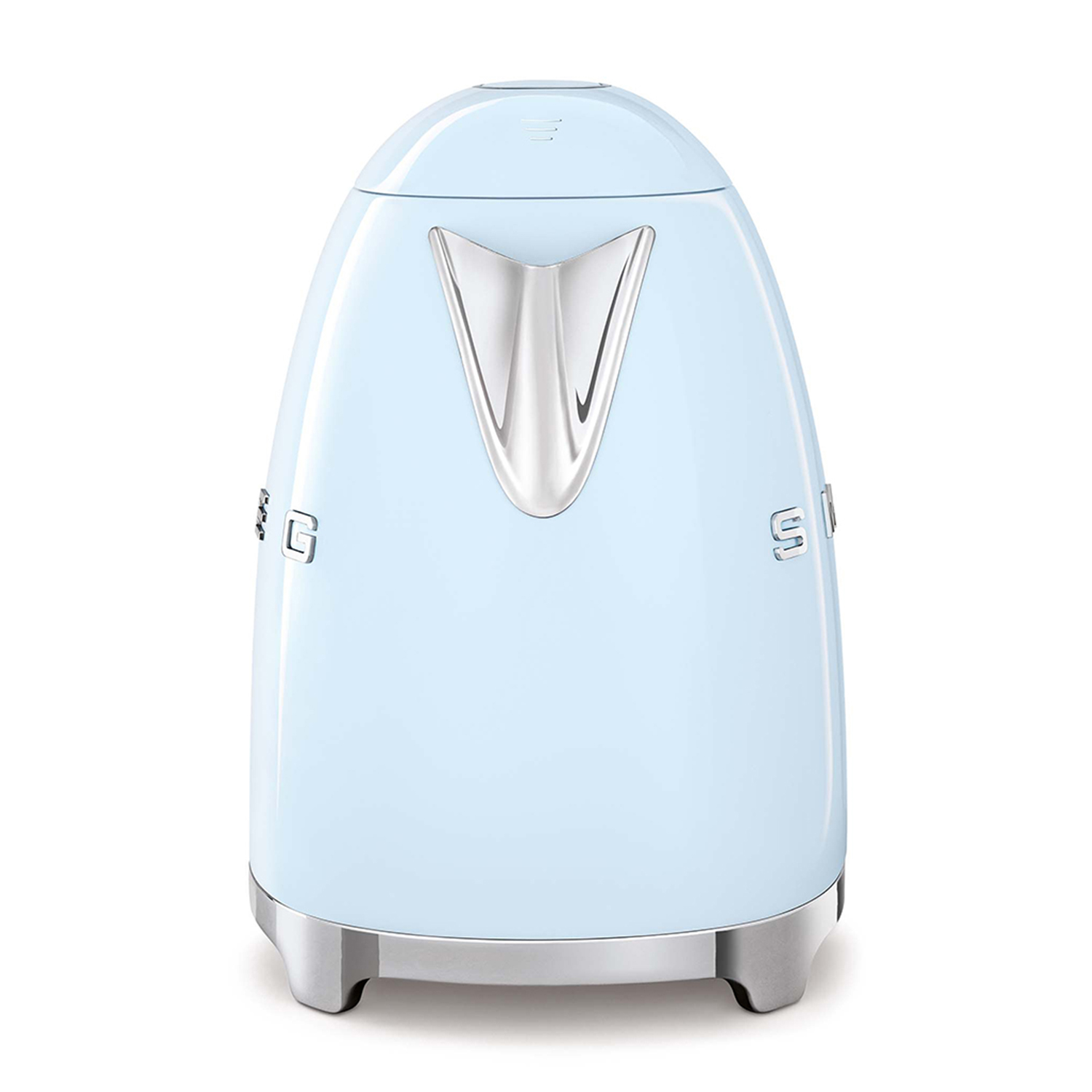 Bollitore elettrico blu su sfondo bianco. Beccuccio e base cromati visibili.