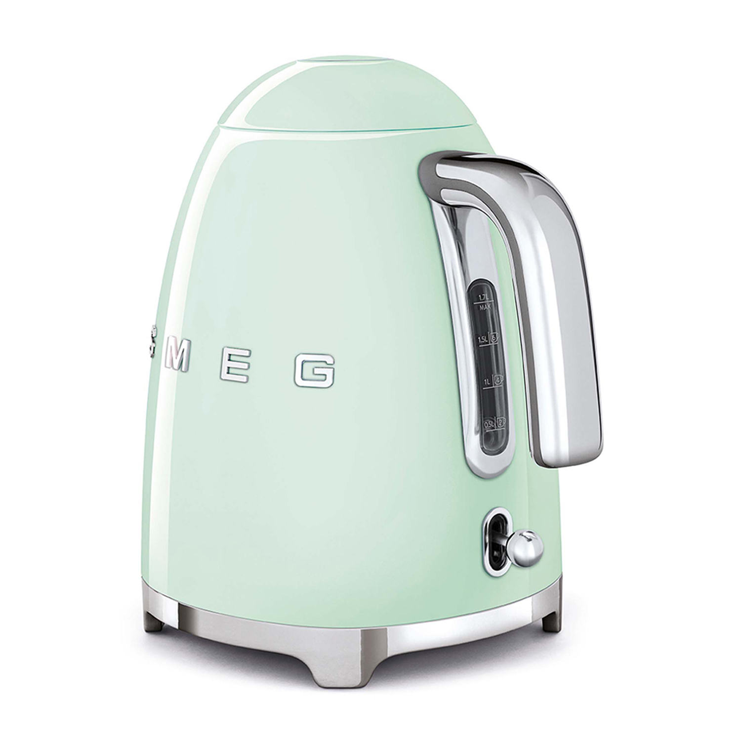 Bollitore elettrico verde menta in stile retrò con finiture cromate e indicatore del livello dell'acqua.